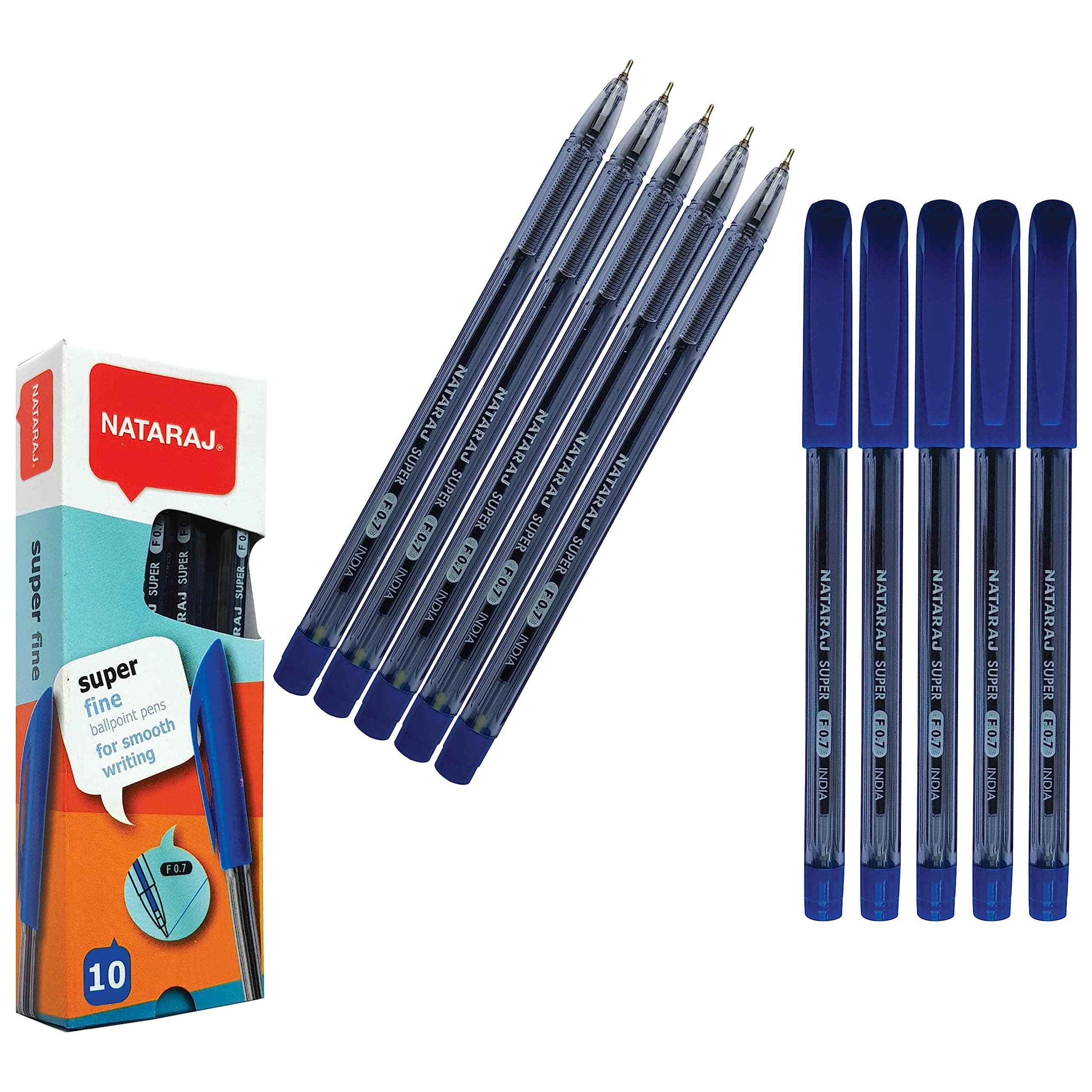 Nataraj Ballpoint Pens, Blue, Pack of 10, Point (0.7mm), Smooth Ink Flow, Nickel Tip, Triangular Grip, School Office Home Pens