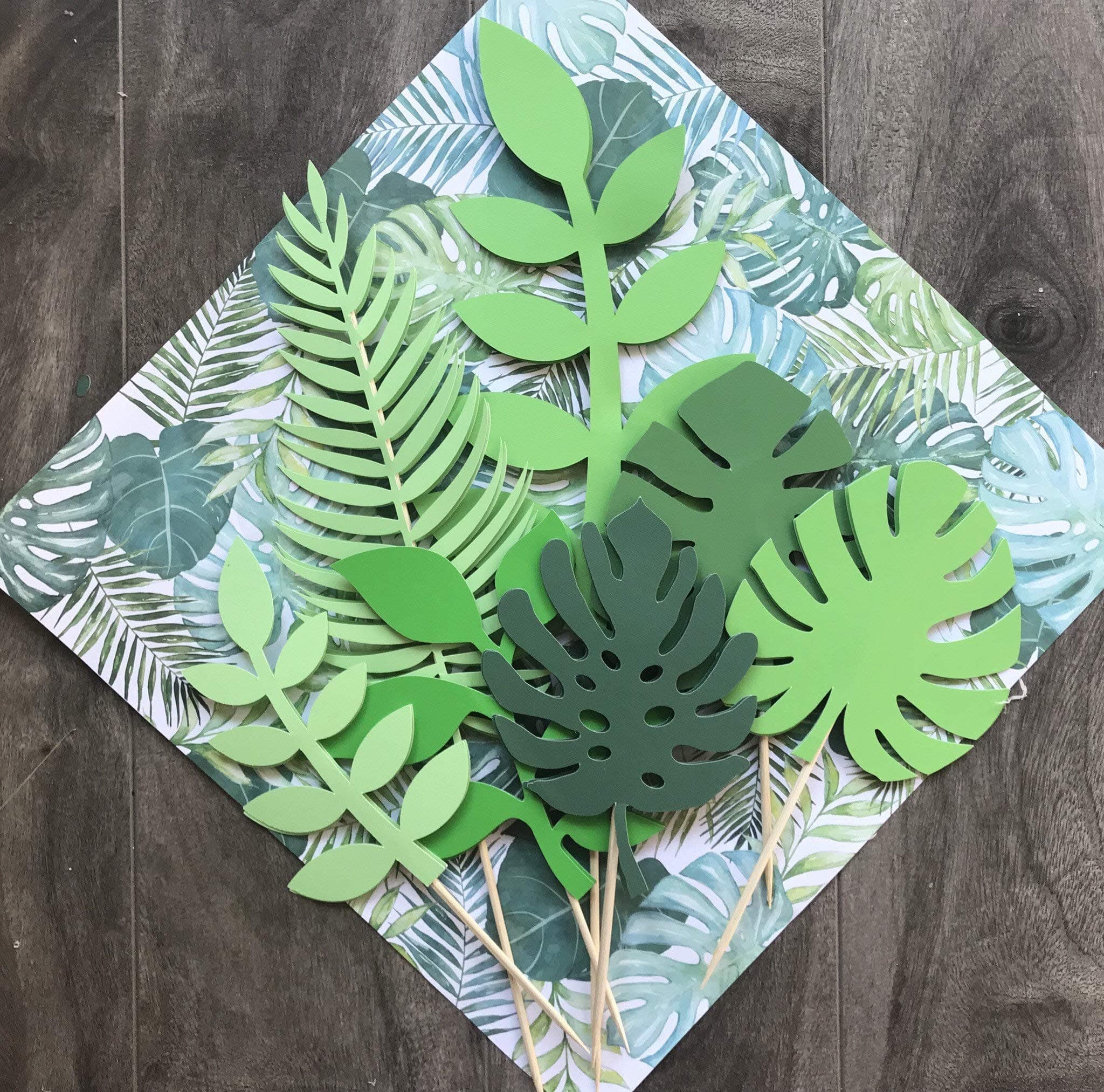 LaVenty Set of 7 Glittery Tropical Leaves Cake Topper Tropical Wedding Cake Decoration greenery Palm Leaf Cake Topper