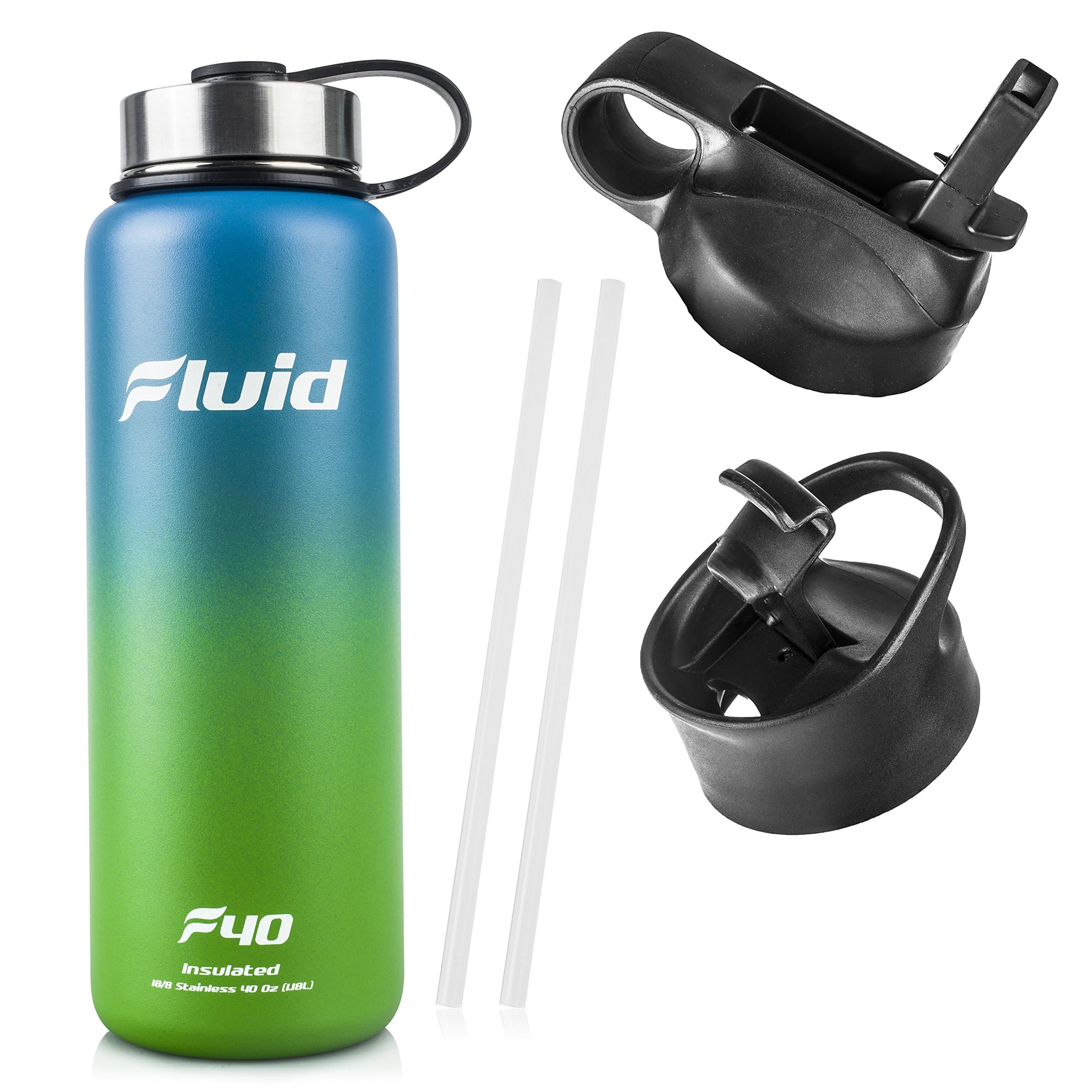 Fluid Insulated Stainless Steel Water Bottle Sports (Aqua-Lime) - 40 Oz, Wide Mouth, BPA Free, Stainless Lid, Flip-top Lid, and Straw Lid Included