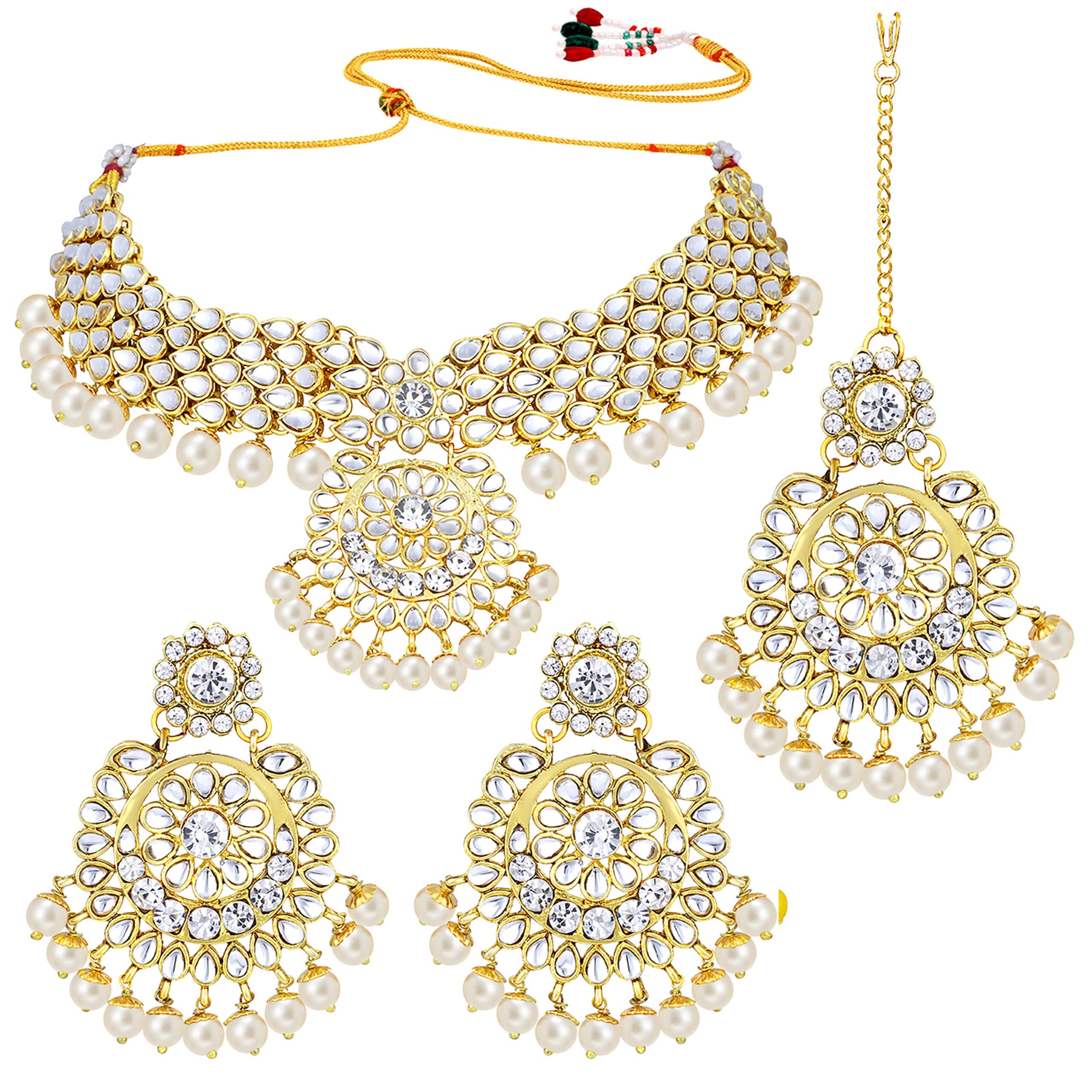 Elegant Wedding Party Wear Faux Kundan Studded Short Necklace Earrings with Maang Tikka Set Indian Ethnic Bollywood Fashion Jewelry Gift for Women