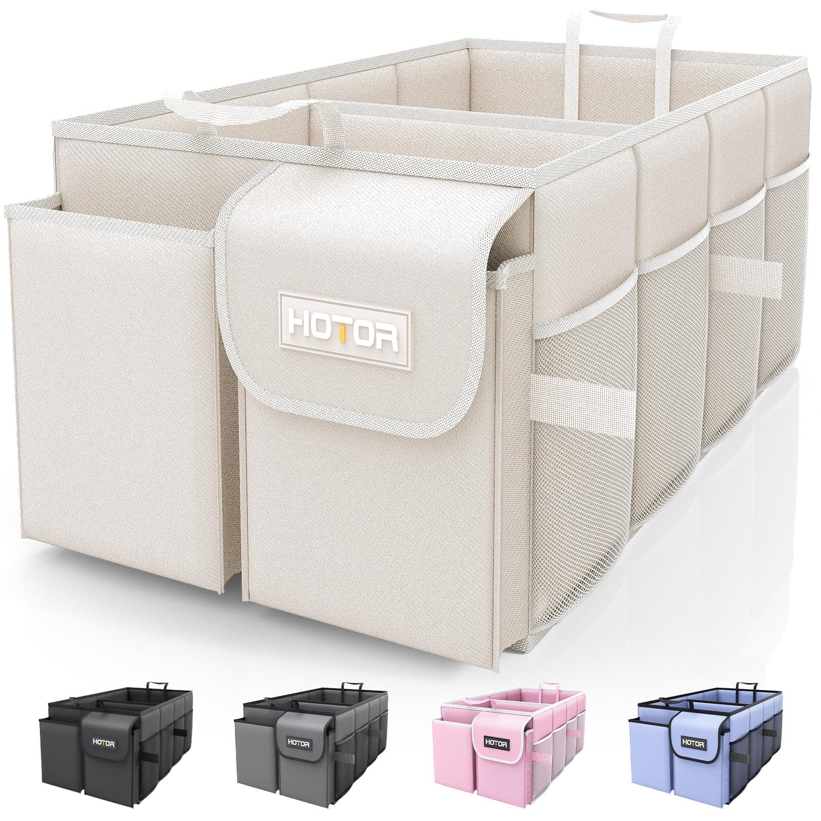 HOTOR 車用トランクオーガナイザー - 大容量カーオーガナイザー 折りたたみ式トランクオーガナイザー SUV&セダン用 頑丈な車の整理 カーアクセサリー ツール 雑貨 ベージュ 2つのコンパートメント