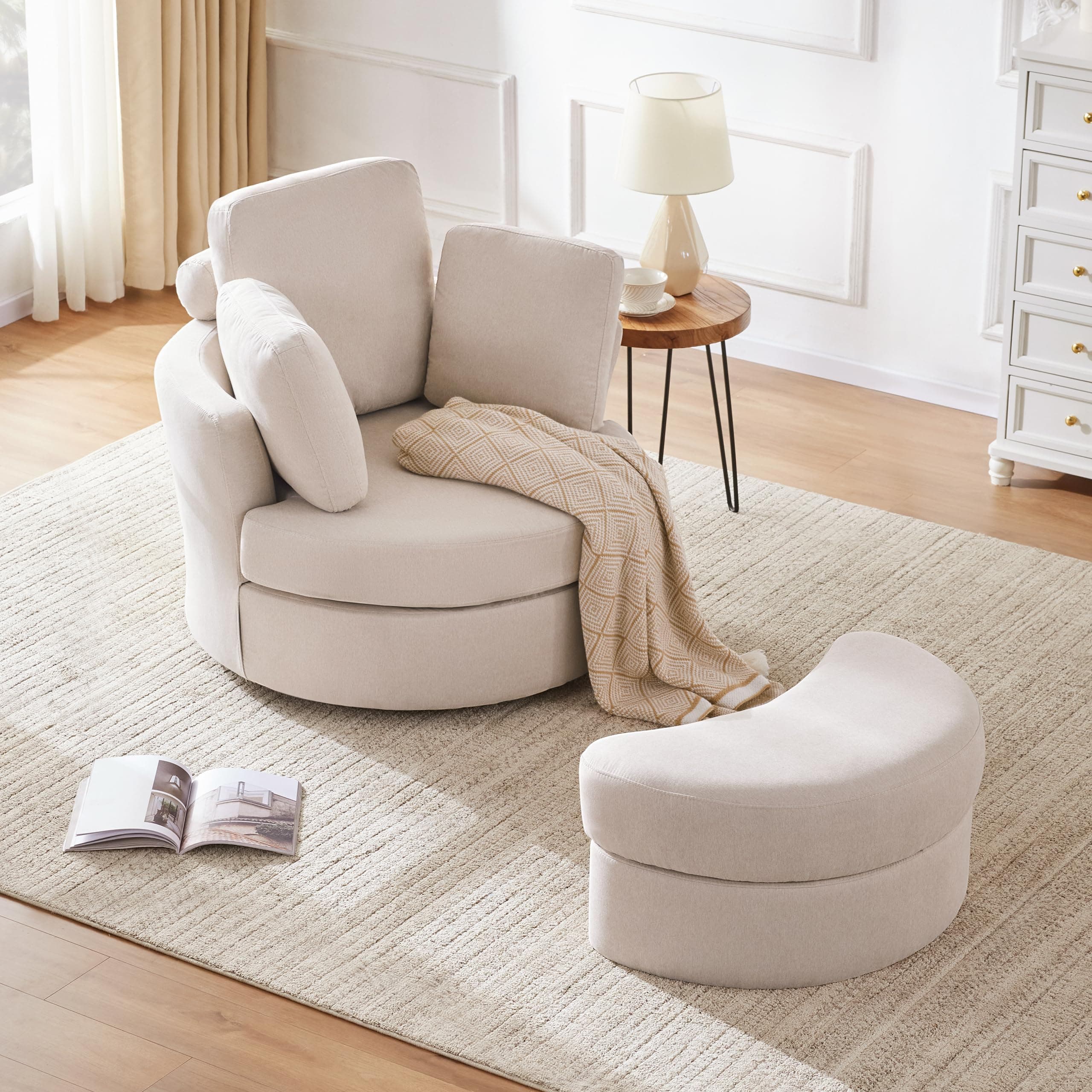 39” Swivel Accent Barrel Chairs with Removable Headrest, Chaise Lounge Indoor with Neck Support Pillow, Swivel Chairs for Living Room, Oversized Chair with Ottoman, Beige