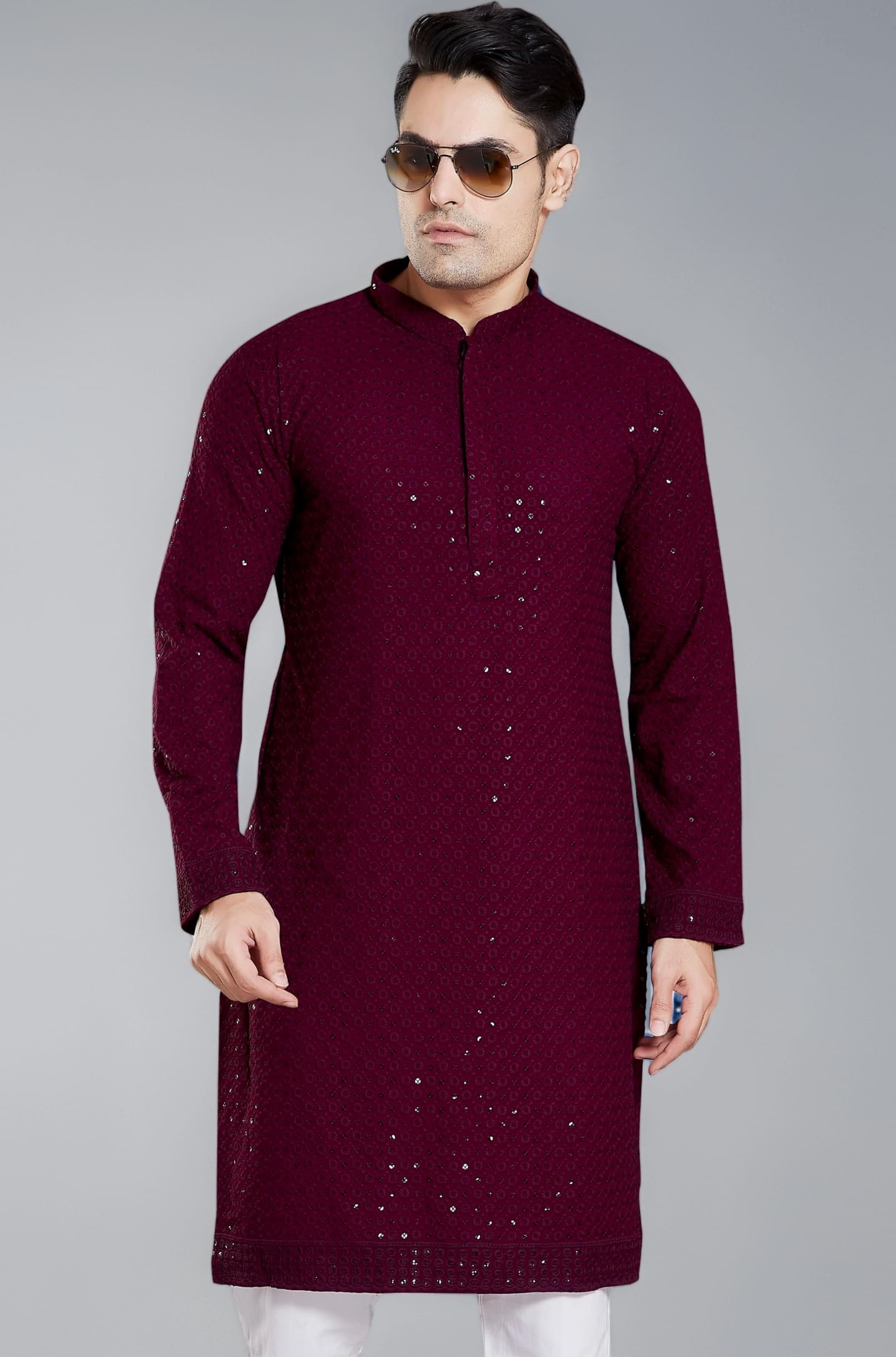 Men's Sequince Embroidered Cotton Blend Only Slim Fit Kurta