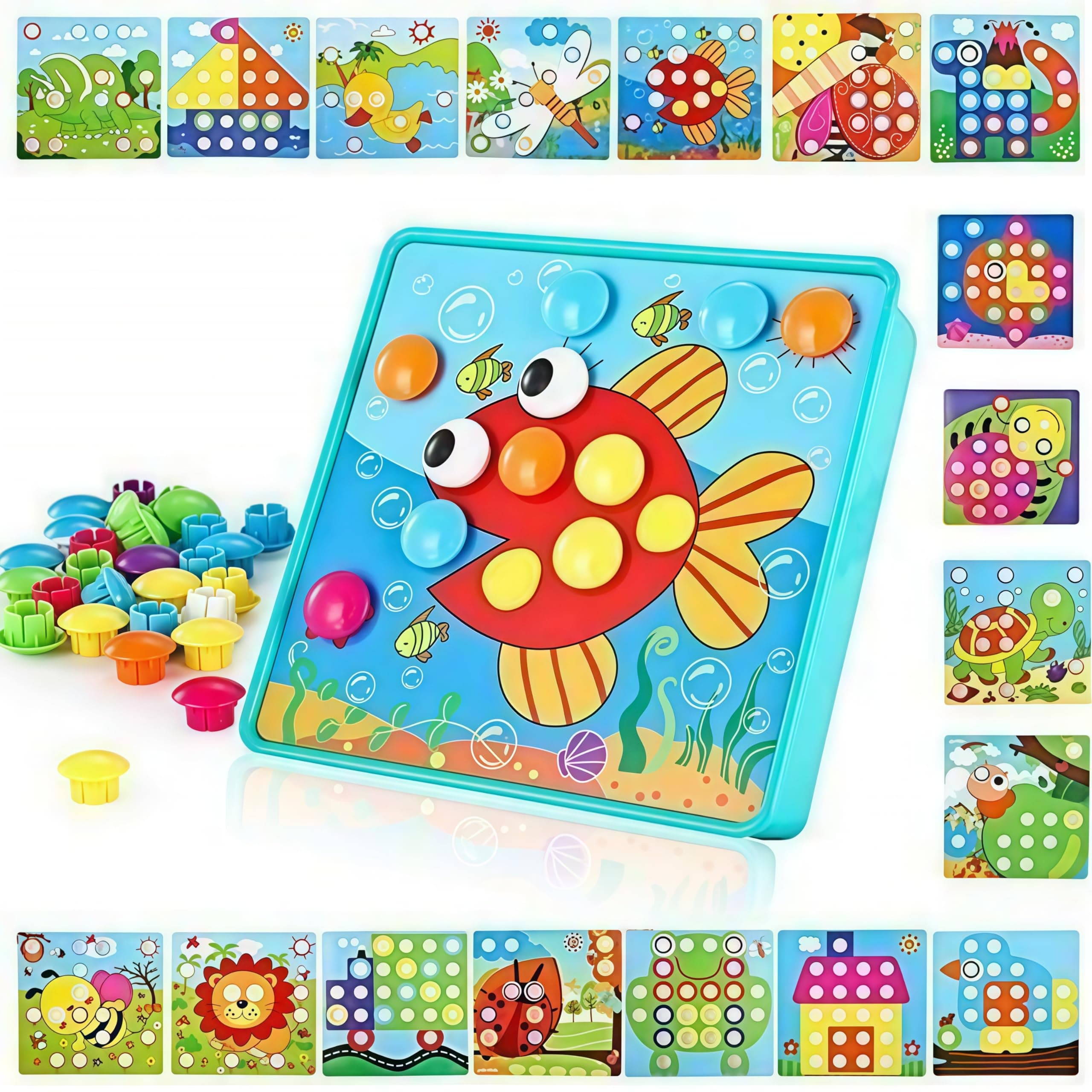 Button Art Toys for Toddler, Baby Educational Color Learning Pegboard Puzzle Toy 50 Pegs and 18 Templates