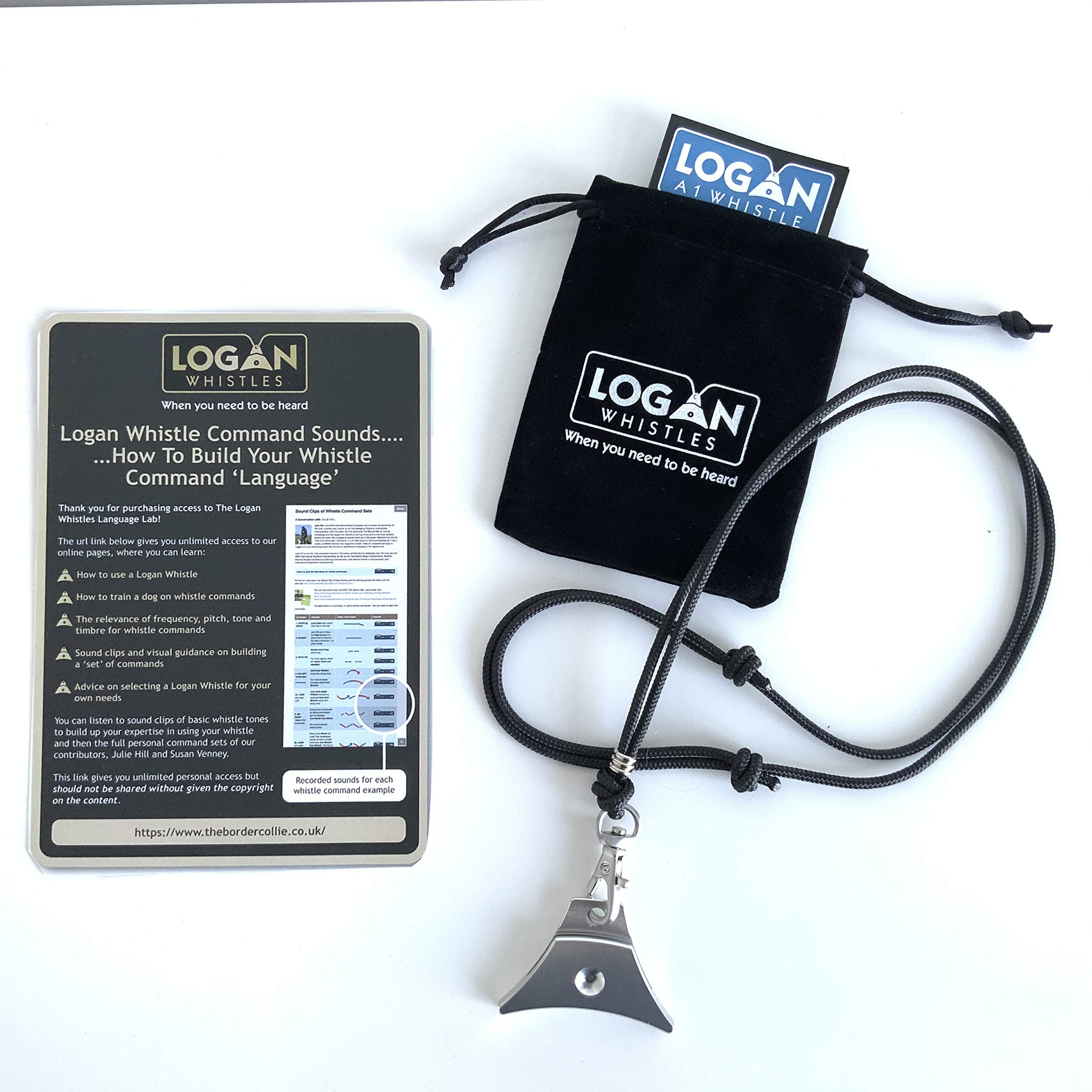 Logan Sheep Dog Whistle Starter Pack - A1 Whistle, Lanyard and Command Sound Guide - Silver Anodised Aluminum.