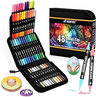 Pagather 48 Colors Acrylic Paint Markers, Dual Tip with Fine Tip and Brush Tip Pens for Stone, Wood, Calligraphy, Canvas, Ceramic, Metal, Glass, Rock Painting, DIY Crafts Art Supplies Kit