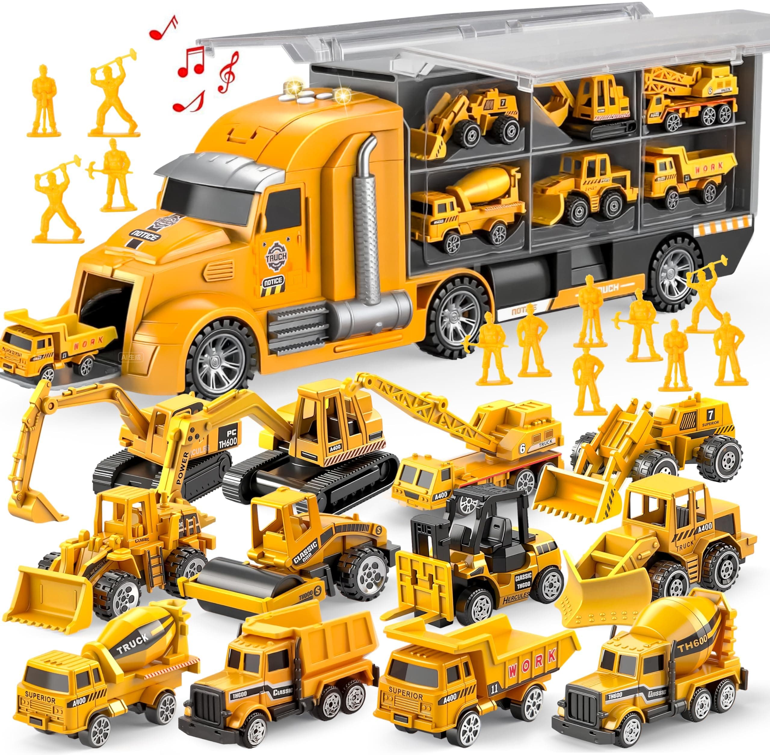 JOYIN 25 in 1 Die-Cast Construction Vehicles (including Transporter, Excavator, Dump Truck, Tractor) with Sounds and Lights in Transporter, Kids Gifts for Boys Ages 3+