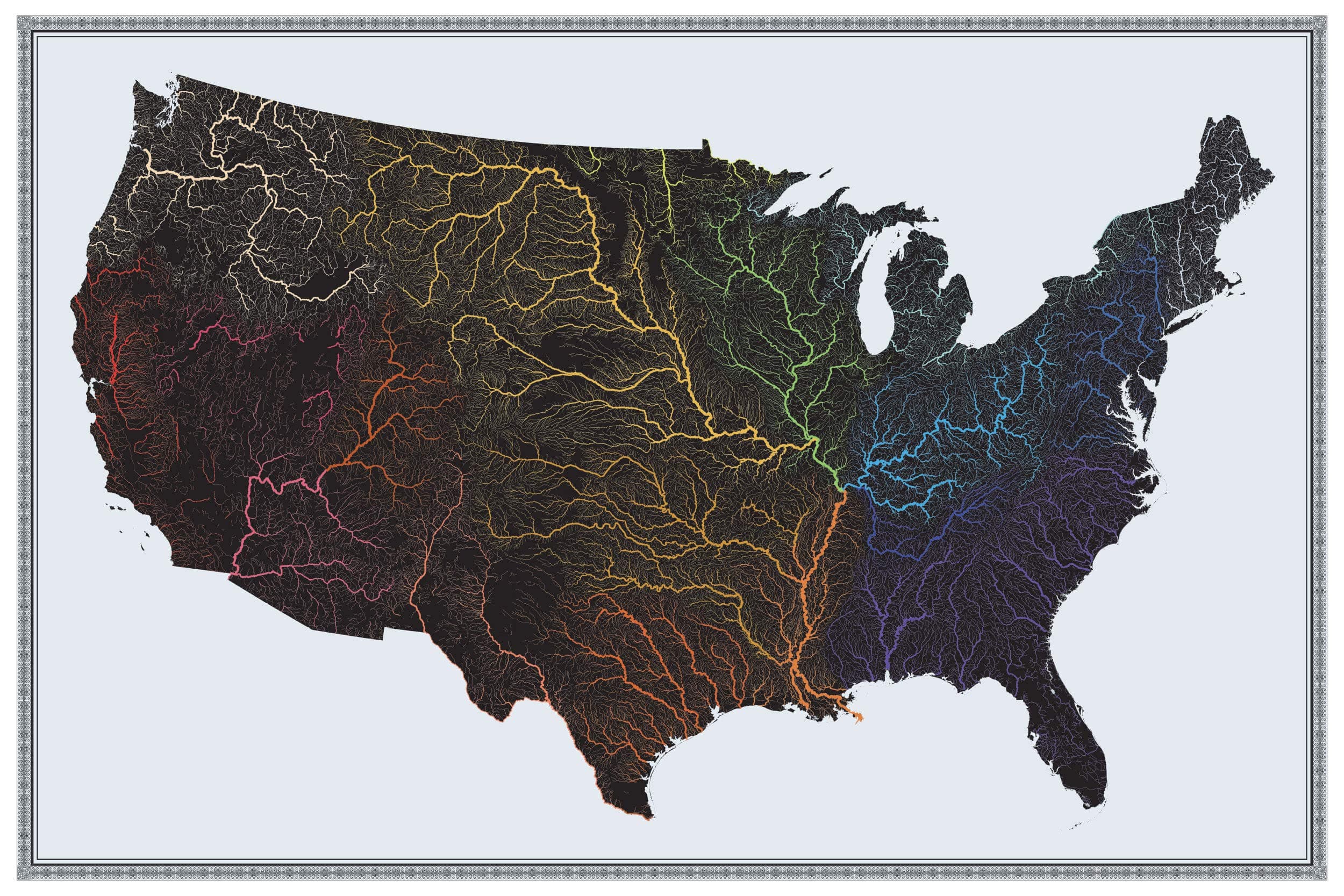 US Hydrological Map | Map of United States Rivers & Basins | 36” x 24” on Premium Paper | Incredible River Detail, Beautiful Color Palette | Great Gift for Anyone Who Loves The Water | Ships Rolled