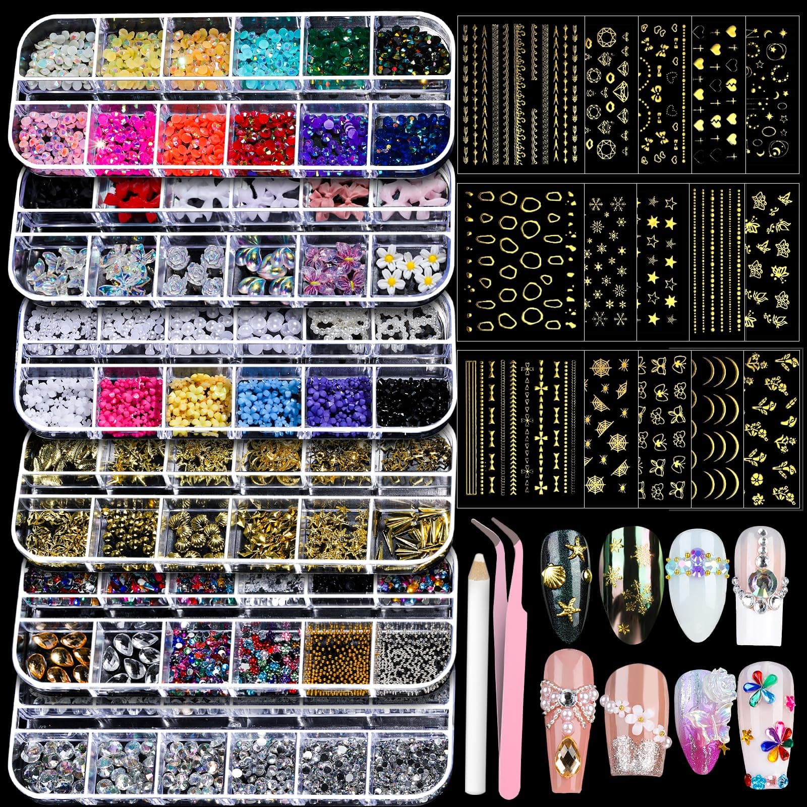 Teenitor Nail Charms Nail Gems with 15 Sheets Gold Nail Stickers, 6 Boxes of Rhinestones for Nails Art Tools, 3D Nail Decals Pearls for Nails