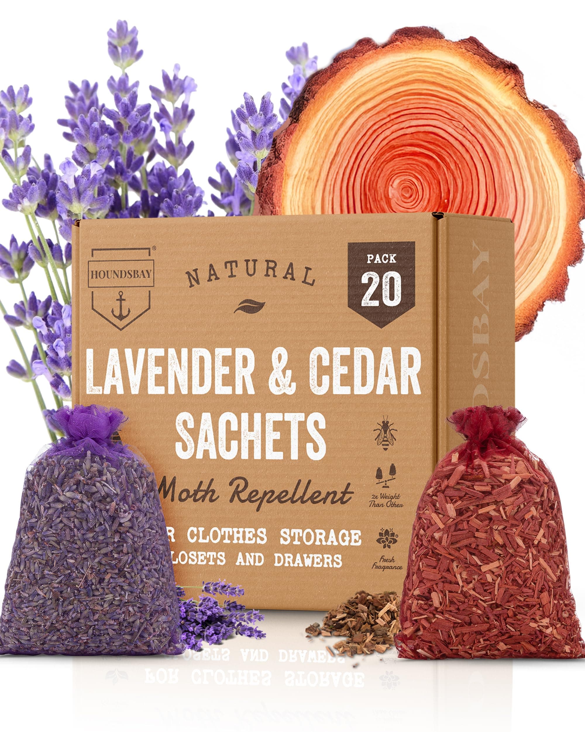 All-Natural Cedar and Lavender Sachet (20 Pack) with Hanger Hooks Included: 10 Lavender Sachets for Drawers and Closets, 10 Cedar Sachets Best Moth Repellent for Clothes