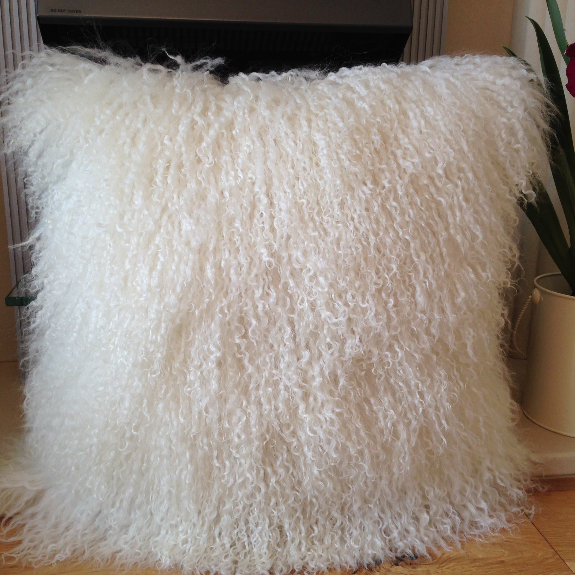 New 40cm x 40cm Real Genuine Mongolian Sheepskin Long Lamb Wool Fur Cushion Cover - Natural White