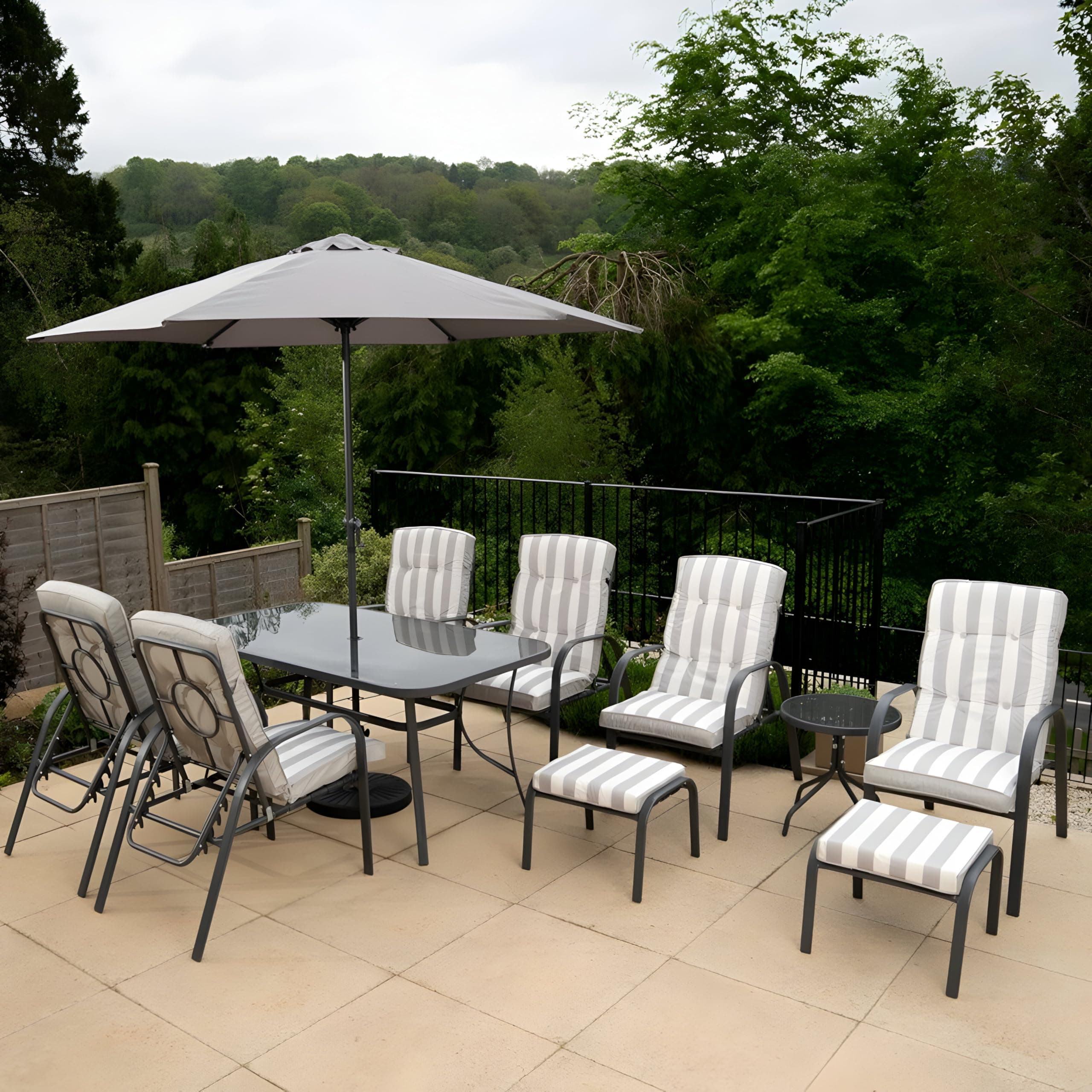 Cushioned 6 Seater Metal Garden Furniture Outdoor Dining Set with Footstools and Side Table in Grey Stripe