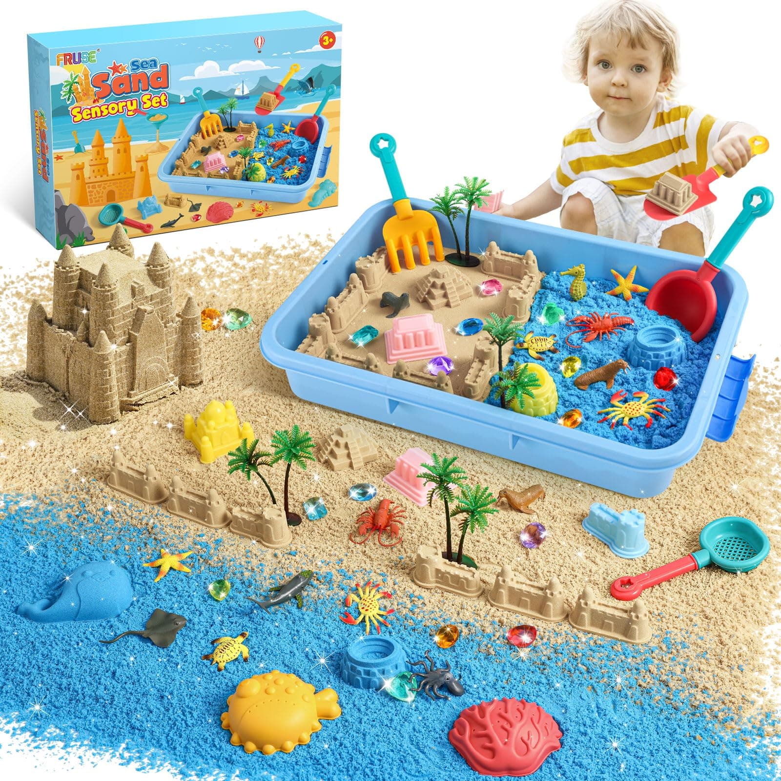 Play Sea Sand Art Kit, Sand Box Toys for Toddlers with 1 KG Playsand,12 Sea Animal Toys,Castle Molds,Sensory Bin Sandbox with Cover for Boy Girl Kid Age 3 4 5 6 7 8 9