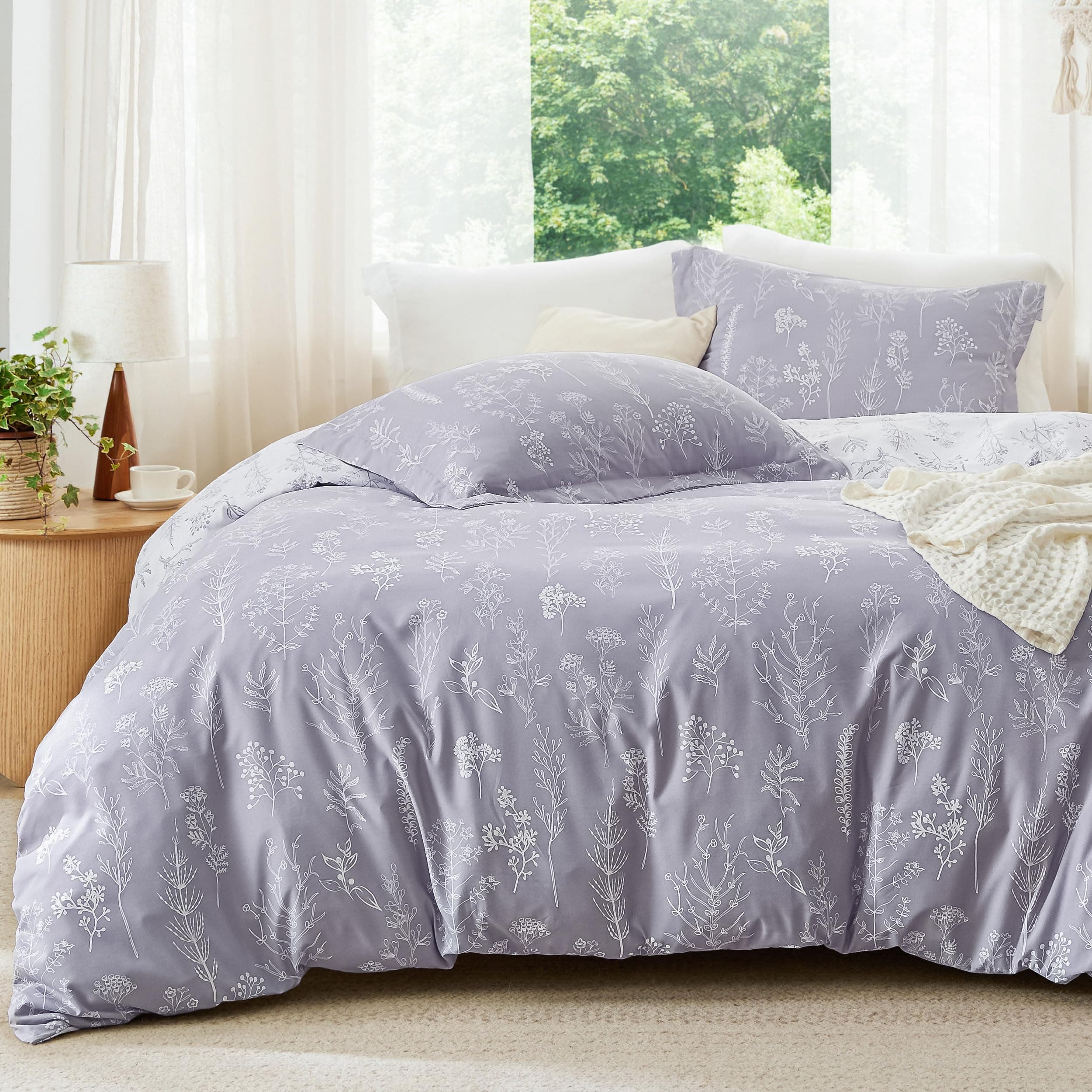 Full Comforter Set - Lavender Bed Set, 3 Pieces Cute Floral Bedding, 1 Soft Reversible Botanical Flowers Comforter and 2 Pillow Shams