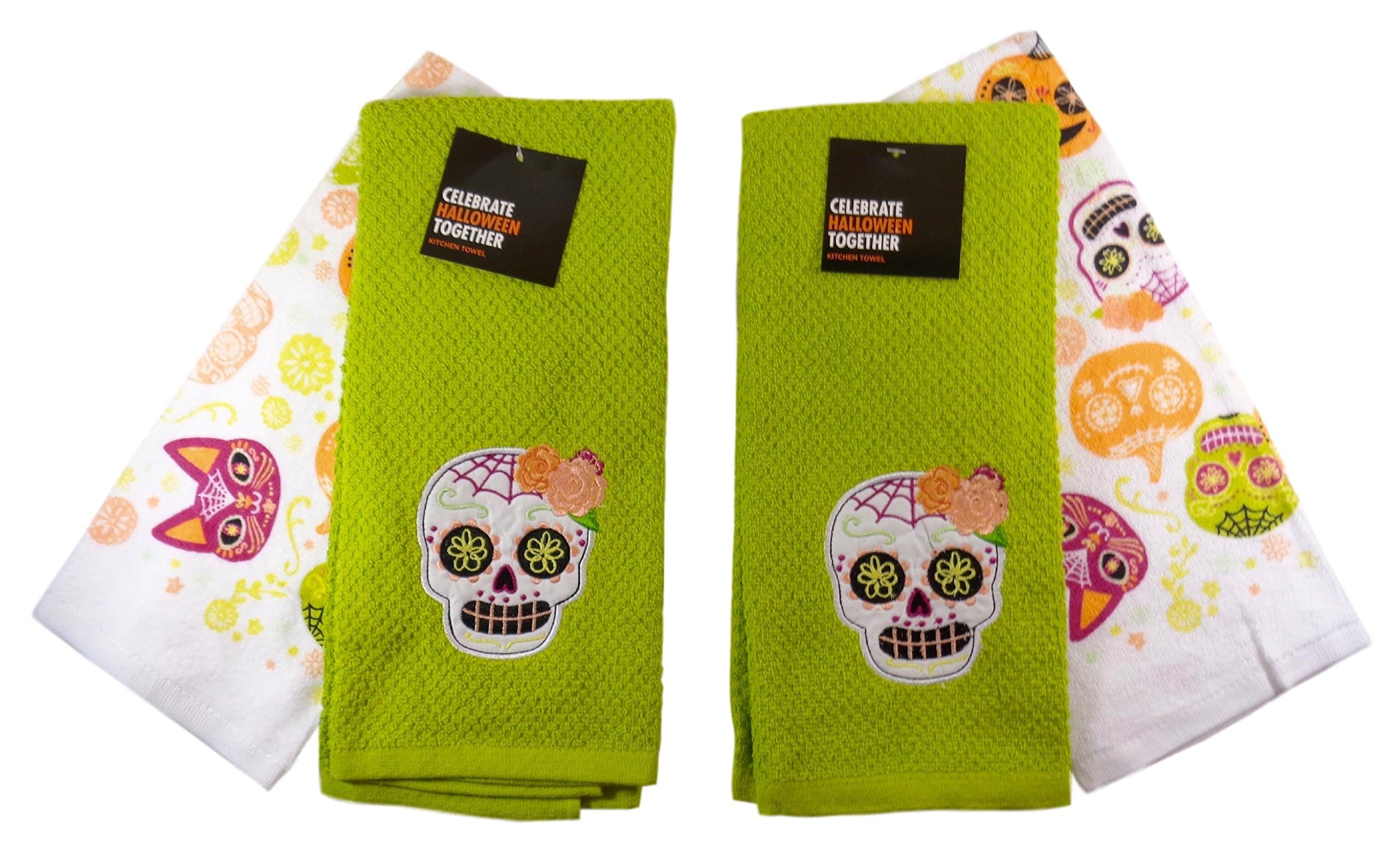 Halloween Day of the Dead Sugar Skulls Kitchen Towels, Two Sets of (2).