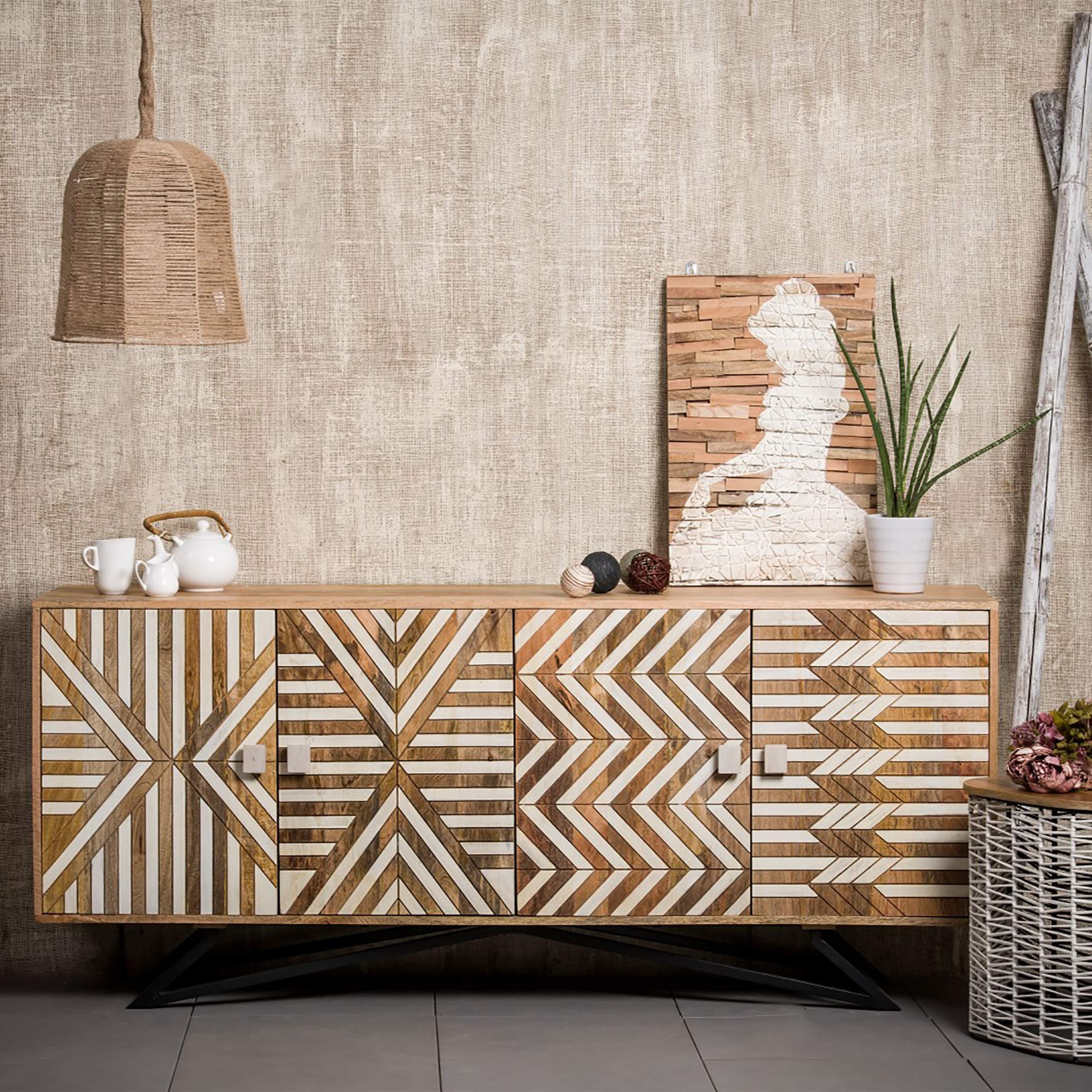 Wooden Sideboard, Modern Dresser with Doors, Patterned Solid Mango Wood, HxWxD: 75 x 177 x 45 cm, Brown