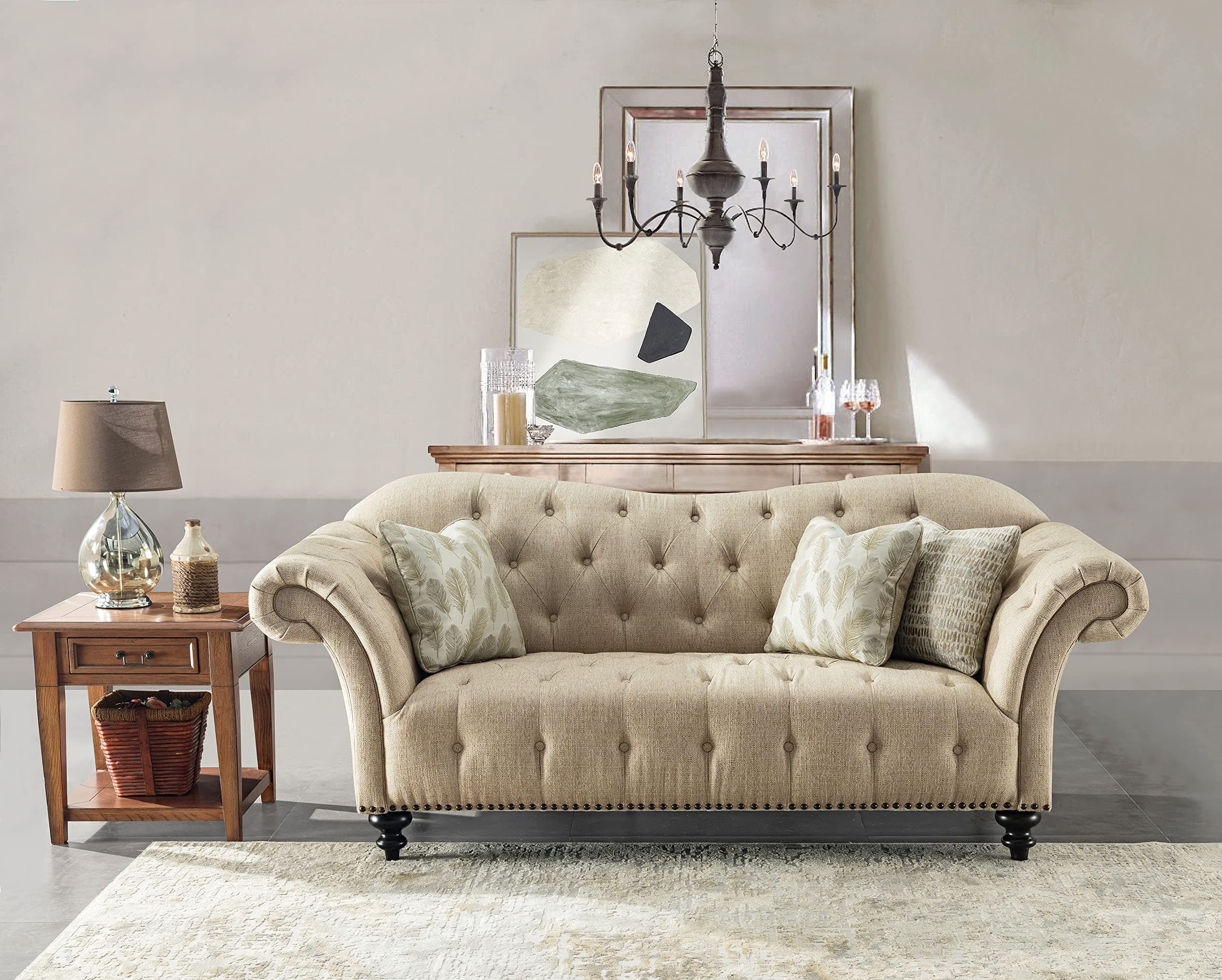 Acanva Luxury Classic Chesterfield Rolled Arm Living Room Sofa, 88"W Couch, Beige