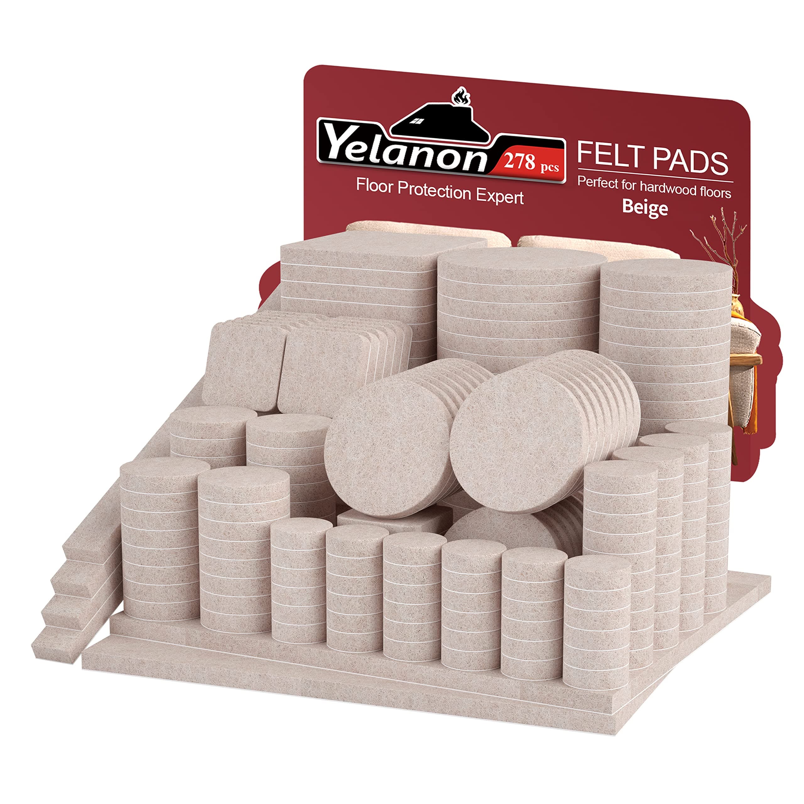 YelanonFelt Furniture Pads for Hardwood Floors -278 Pcs Premium Floor Protectors for Furniture, Felt Pads for Chair Legs,Beige