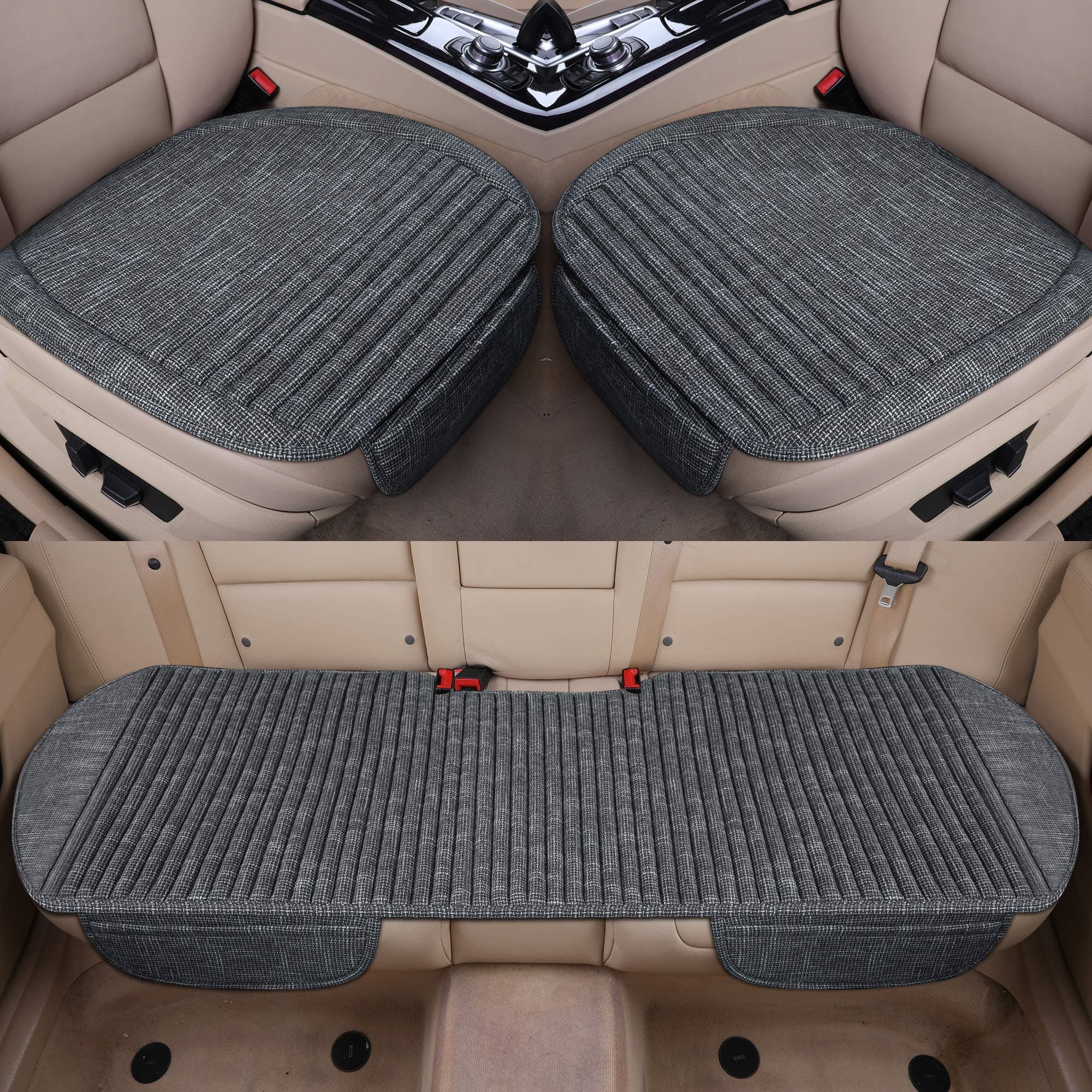 LUCKYMAN CLUB Full Set Car Seat Cushion with Lavender and Buckwheat Shell Comfortable and Breathable Fabric Seat Covers Fit for Trucks Vans Cars SUV (3 PCS Full Set, Gray White)