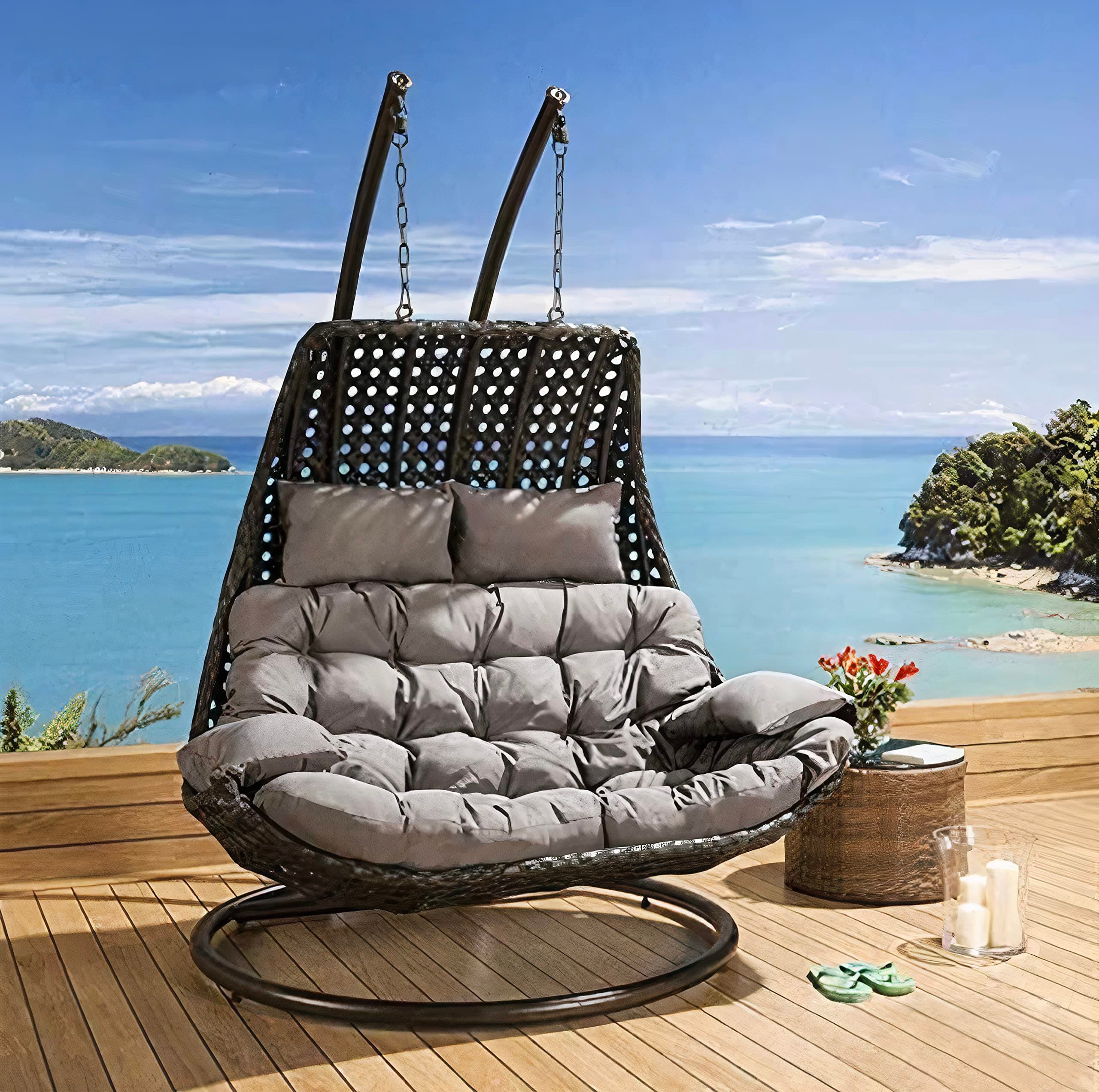 - Hindoro Rattan Wicker Wrought and Cast Iron Outdoor Balcony Furniture Double Seater Swing Chair with Stand and Grey Cushion for Adults & Kids [Black], 132.1 x 132.1 x 203 Cm