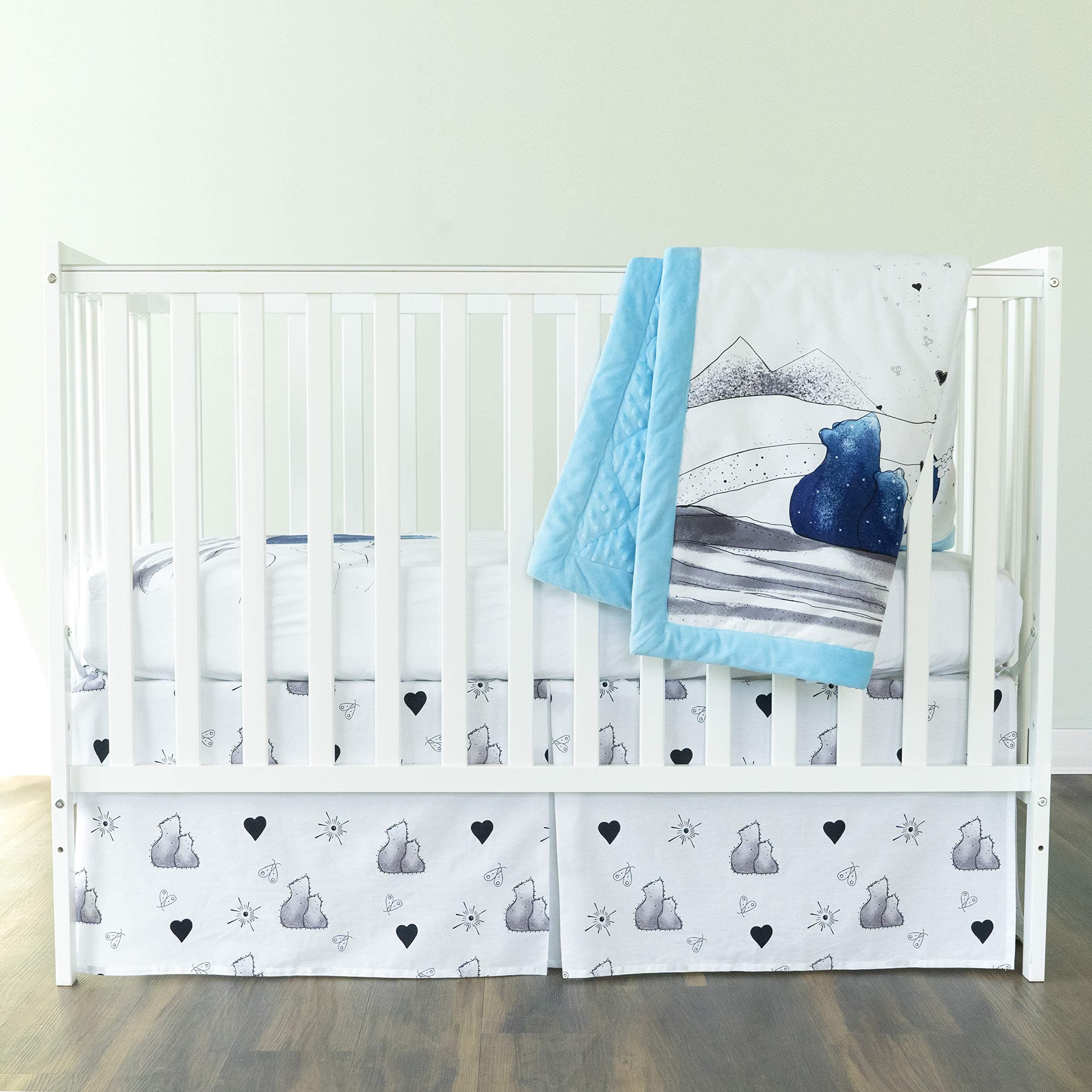 JumpOff Jo3 Piece Crib Bedding Set for Boys and Girls, Fitted Crib Sheet, Crib Skirt, & Hypoallergenic Quilt - Microfiber Baby Nursery Bedding - Mama Bear Blue