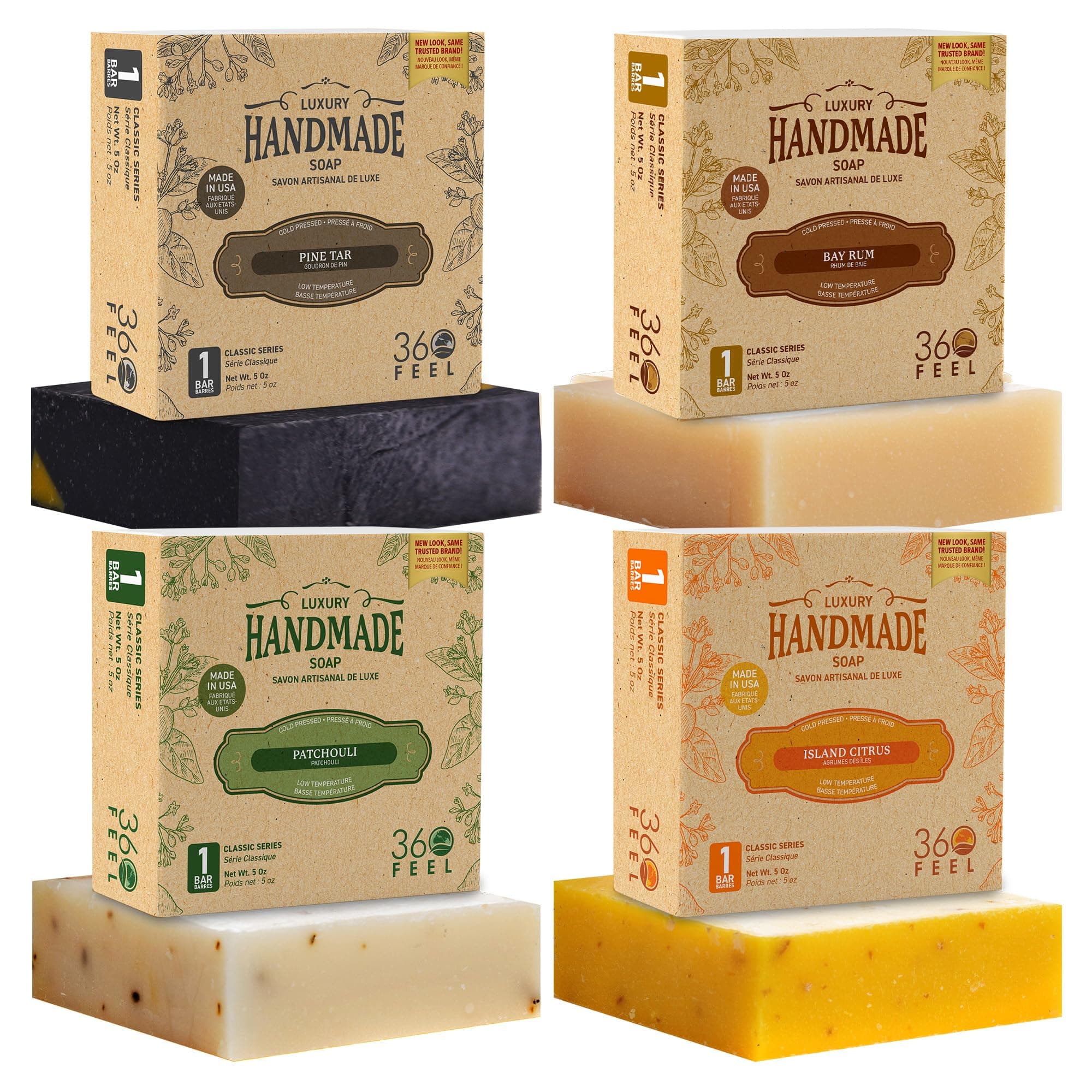 360Feel Men's Handmade Natural Soap bar - 4 Large Best Sellers Mens Soap Bar with Masculine fragrance- Bay Rum, Pine Tar, Patchouli, Citrus Soaps- Gift pack- Organic Mens Soap, Castile Mens Bar Soap