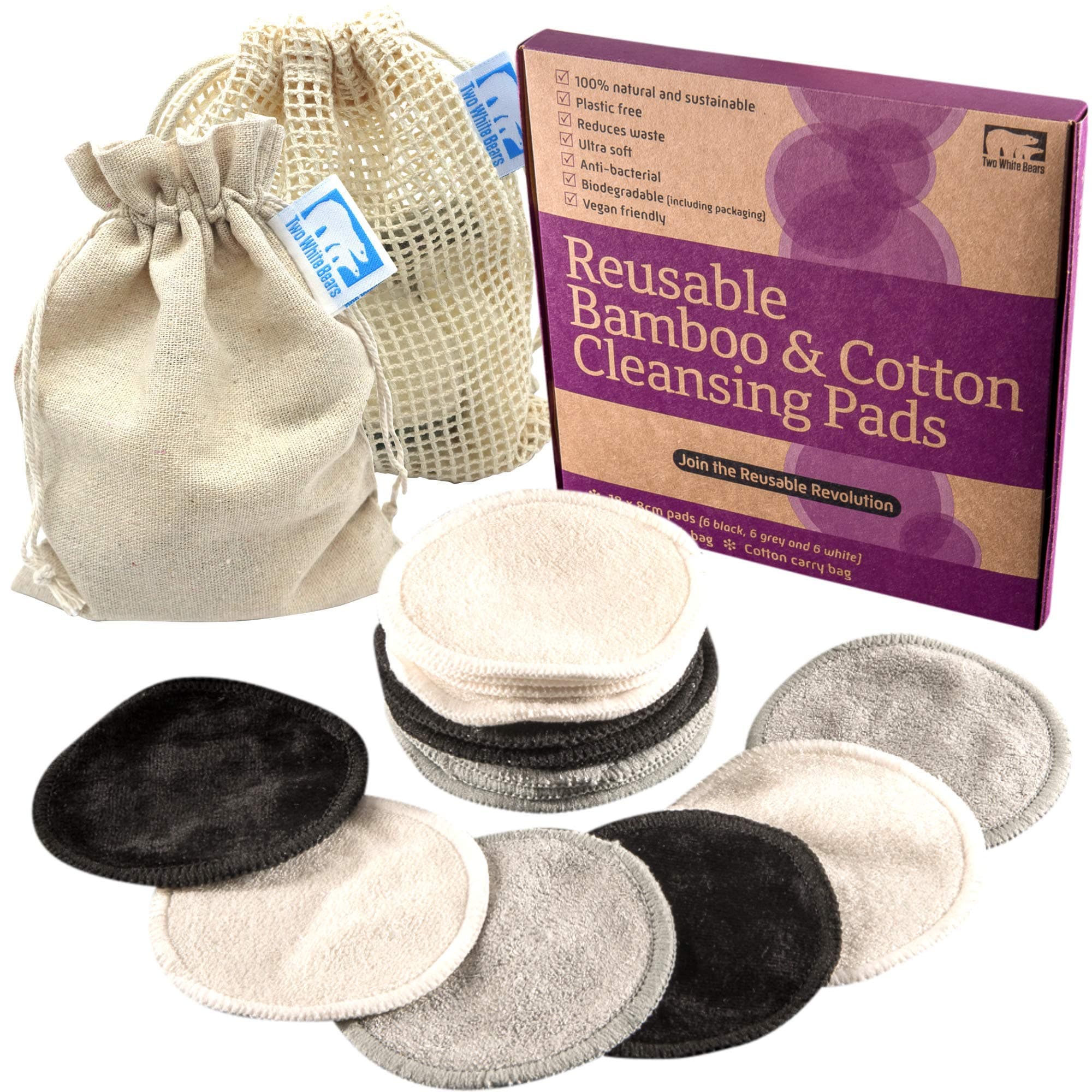 Reusable Makeup Remover Pads - Super Soft Reusable Cotton and Bamboo Face Wipes for Make Up. One Tree Planted per Sale. Washable Eco Friendly Gifts. by Two White Bears