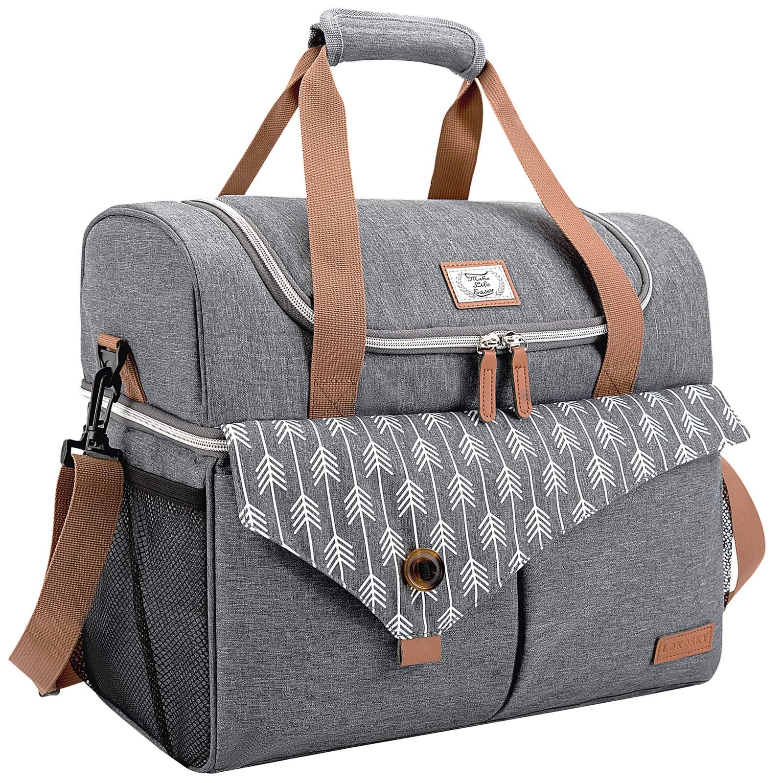 Lekesky 28L Cooler Bag Large Lunch Bag for Family 36-can Picnic Bag Double Decker Cooling Bag for Beach/Picnics/Sports/Outings Family Size Cool Bag with Bottle Opener, Grey