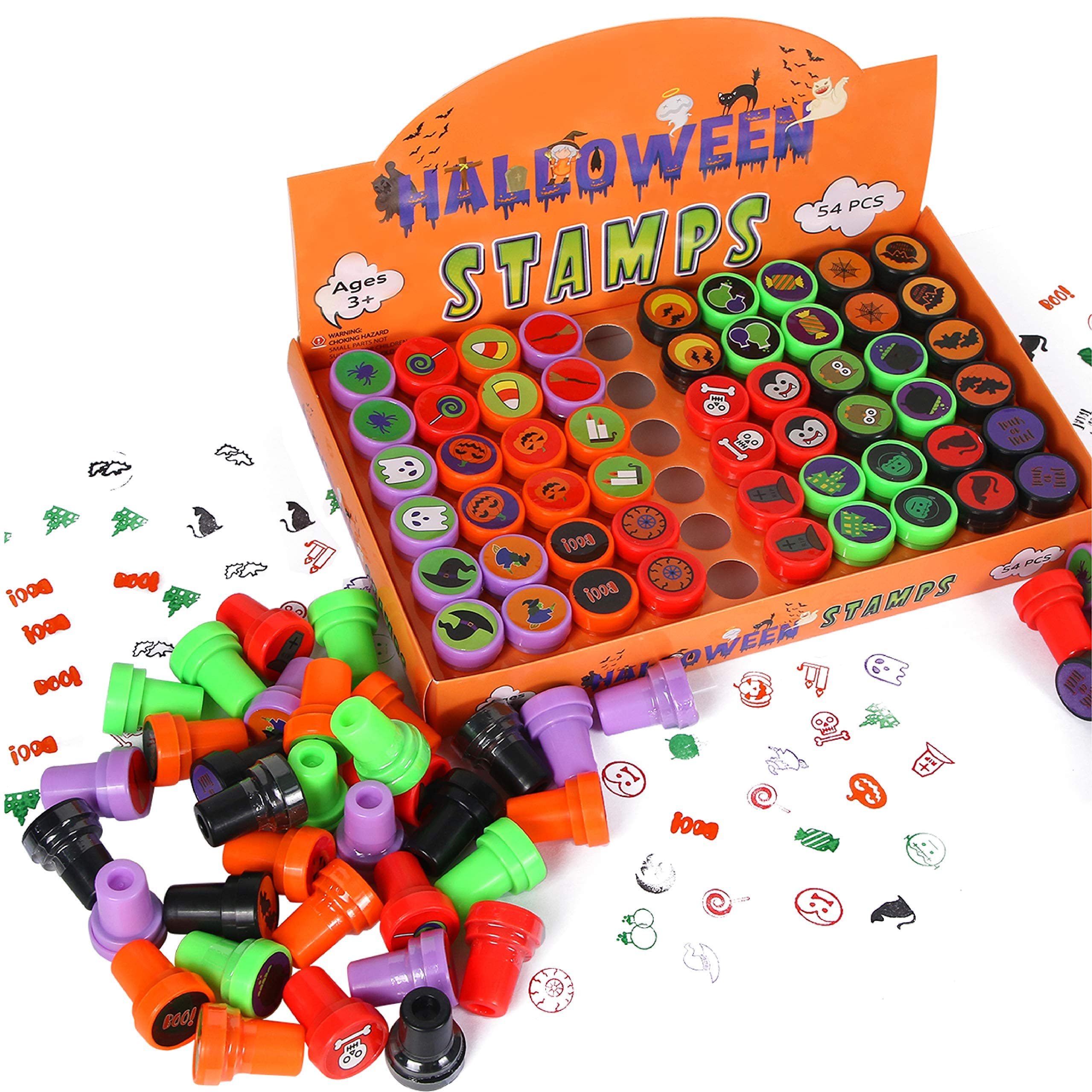 54 Piece Halloween Stamps for Kids (27 Different designs, Self Inking Stampers, Trick or Treat Toys Stamps, Ghost Stamp) for Halloween Party Favors, Halloween Prizes, Halloween Goodie Bag Fillers