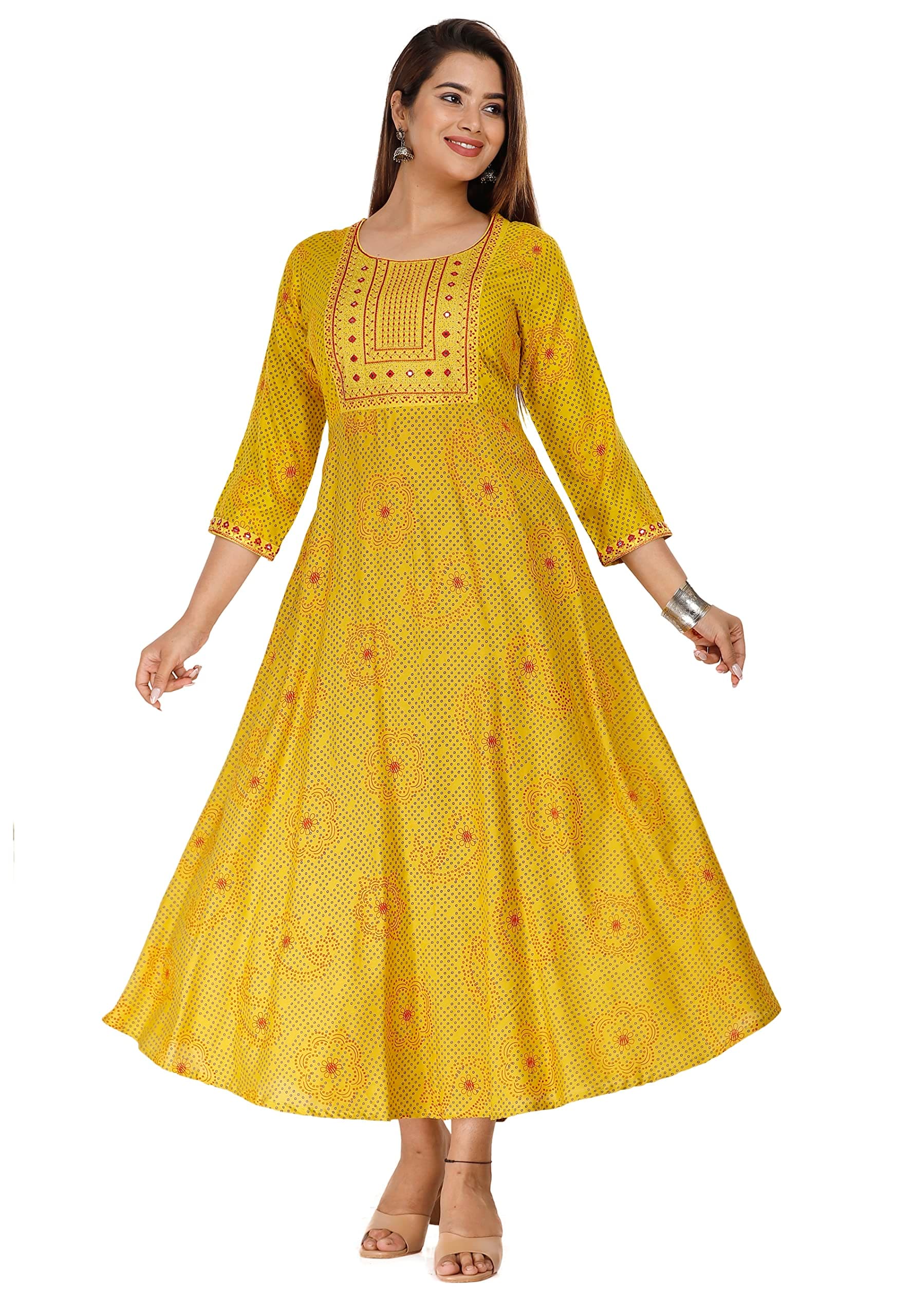 NANAK FEBWomen's Embroidery Rayon Anarkali Kurti for Girls Printed Regular Wear Long Kurta