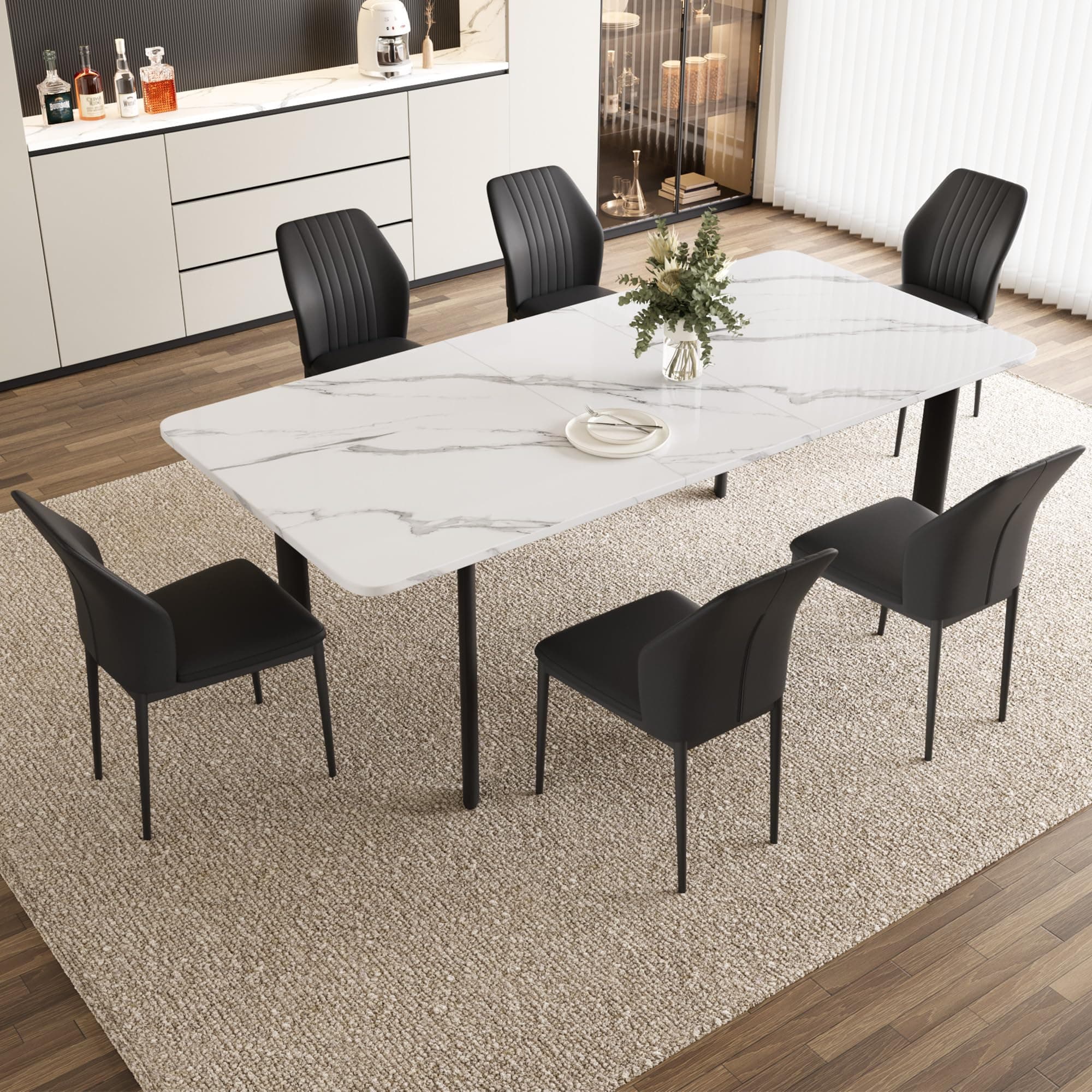 Extendable Dining Table Set for 6-8 People, 63 to 78.7 Inch MDF Kitchen Table with 6 Upholstered Chairs, Space-Saving for Dining Room, Breakfast Nook(White Table & 6 Black Chairs)