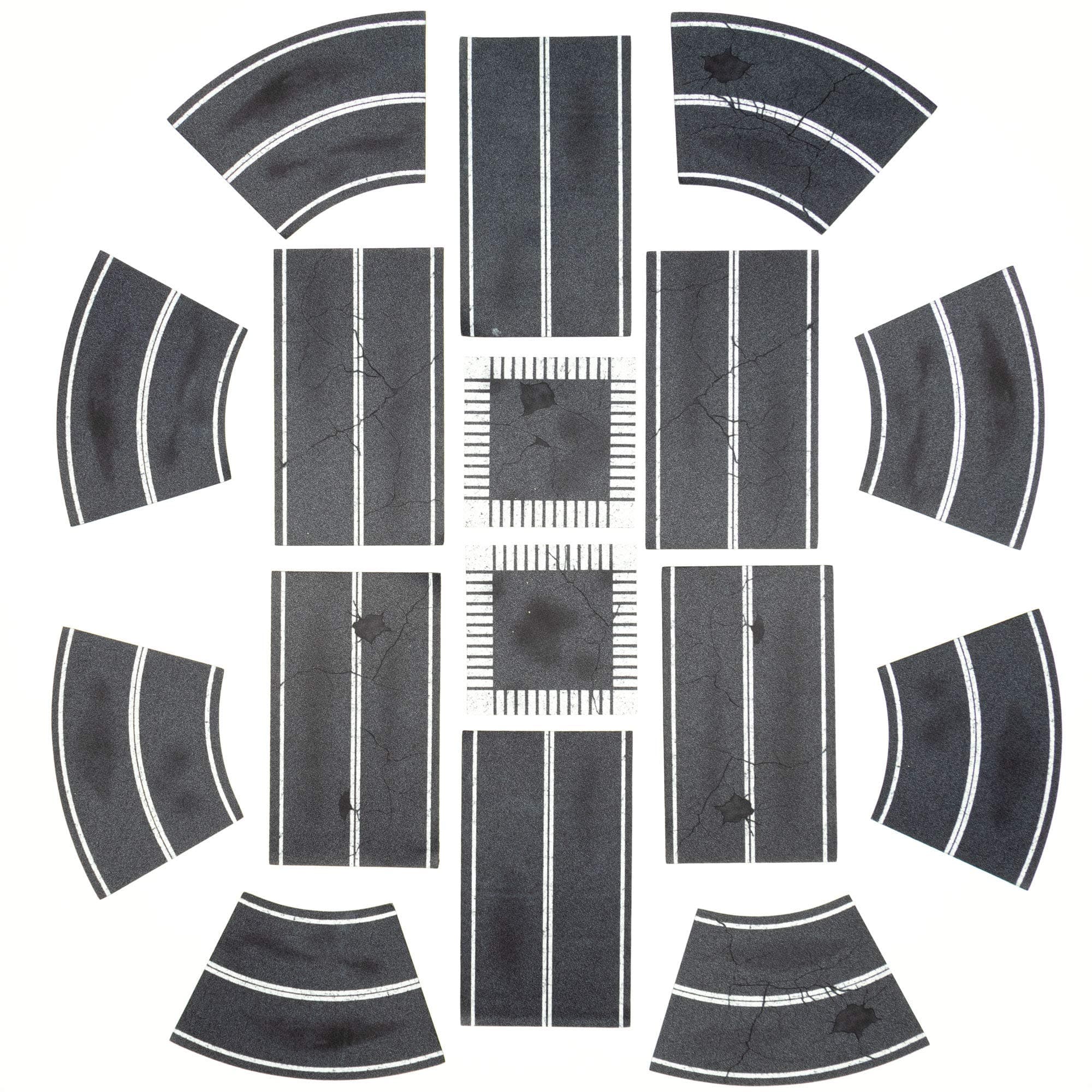 Paved Roads Wargaming Steet Terrain - 16 Piece Premium Neoprene Modular Strategy Game Battlemat - 2D Urban Tabletop Miniature Scenery - City Battle Town Square Ruins - Over 13' of Tactical Terrain