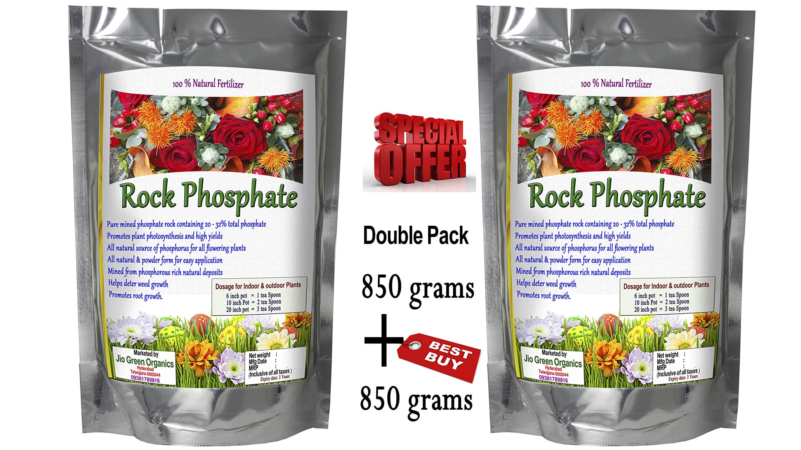 Jio Green garden Store Rock Phosphate Fertilizer (850 + 850 g) for Plants to Develop Healthy Root Systems, Set Fruit and Assimilate nutrients for Good Plant Growth