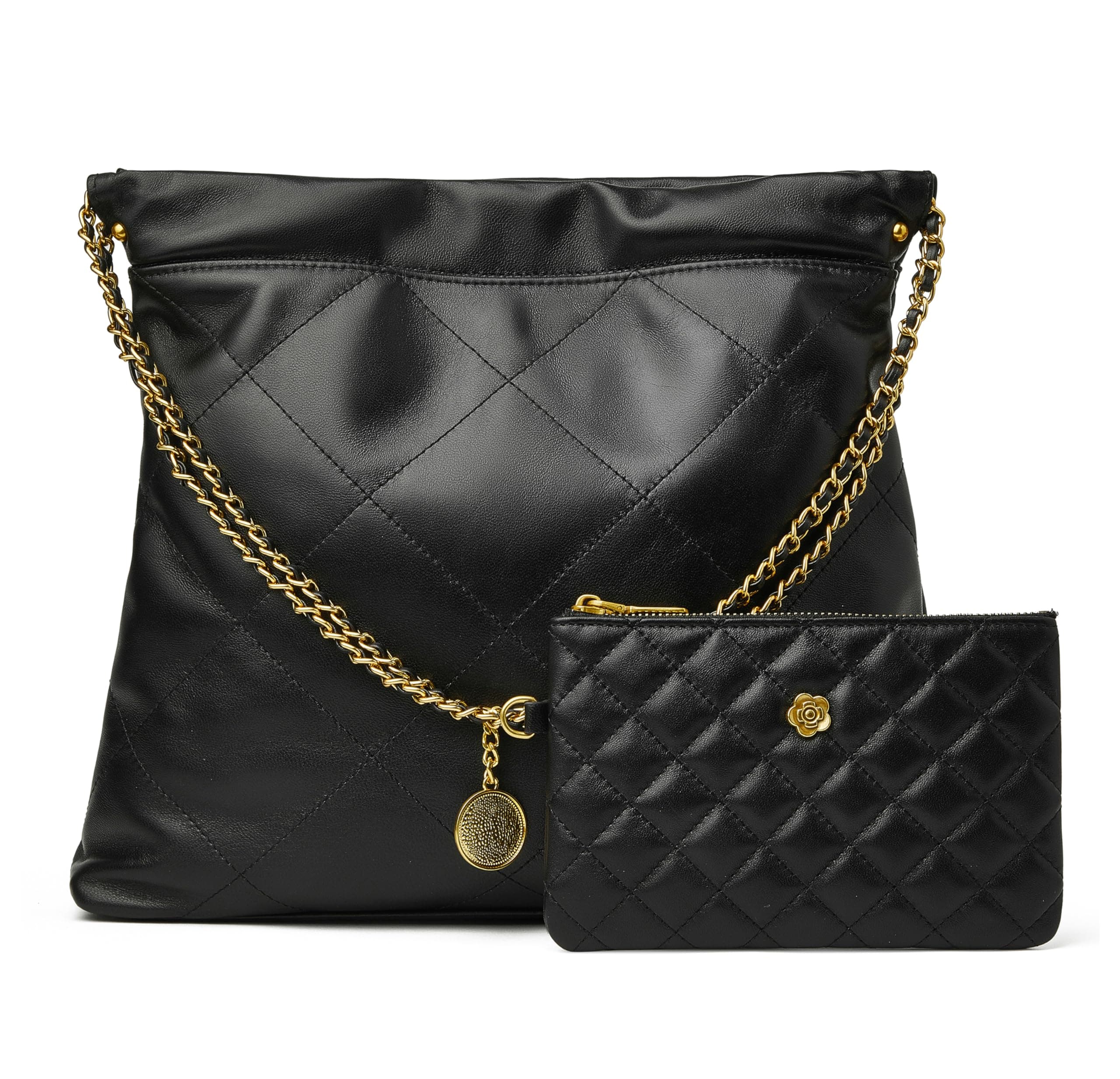 Leather Quilted Tote Bag Set for Women Soft Lambskin Designer Shoulder Chain Purse with 1 Small Clutch