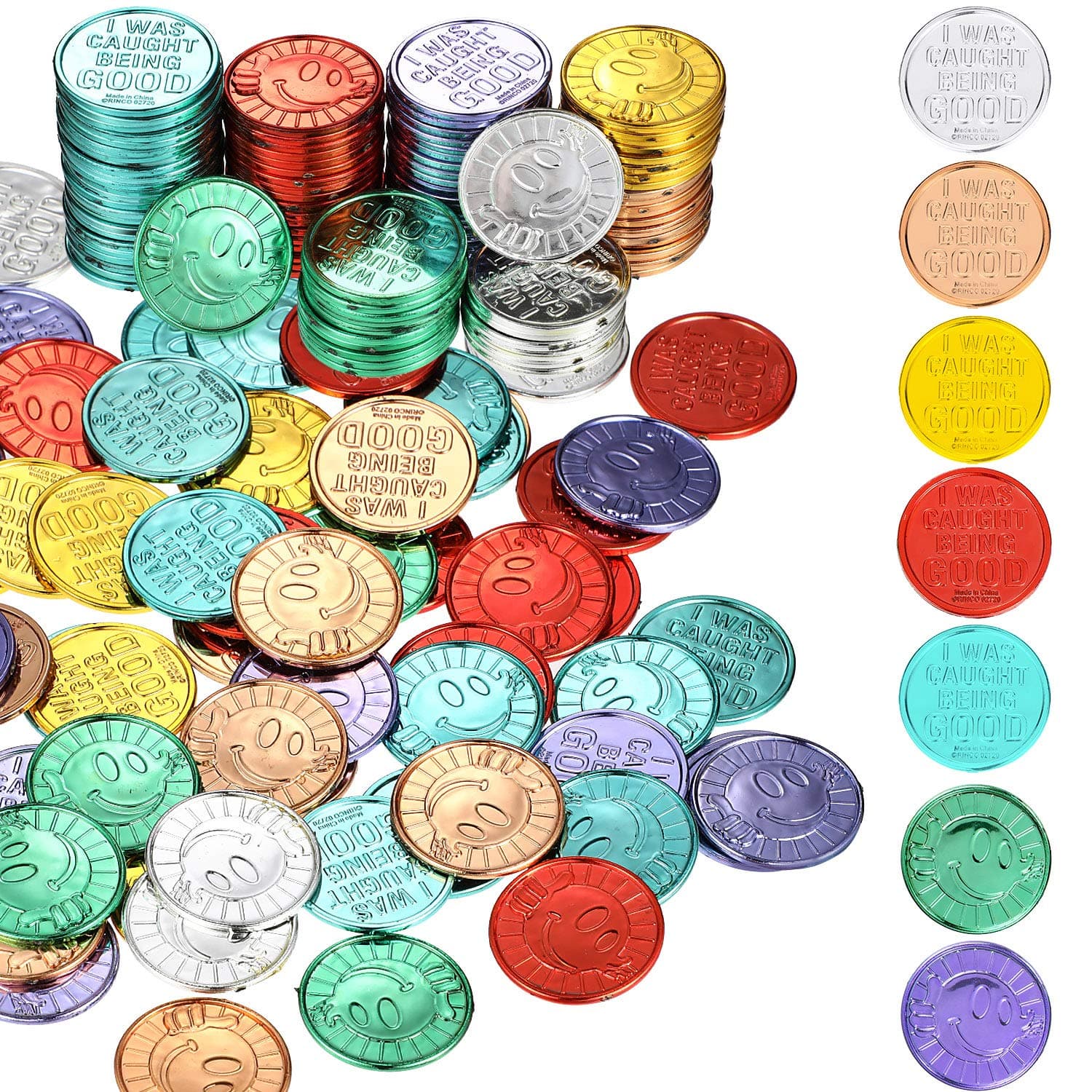 200 Pieces I was Caught Being Good Coins Incentive Kids Tokens Bulk School Classroom Behavior Incentives and Teacher Handout Rewards Smile Face Pretend Play Coin Colorful Plastic for Kids School