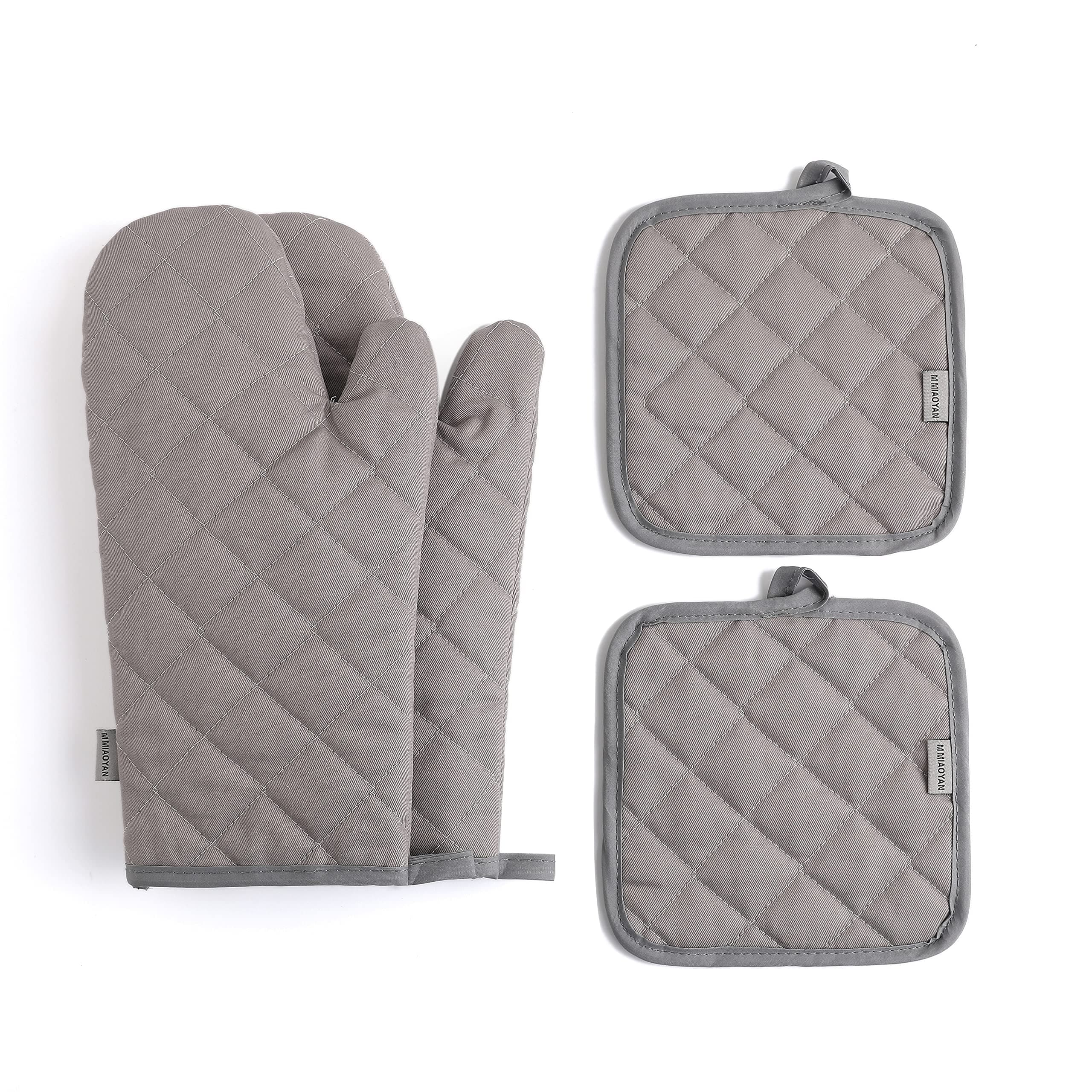 Oven Mitts and Pot Holders 4 pcs Set,High Heat Resistant 500 Degree Extra Thicken Long Kitchen Cotton Oven Glove for Cooking (12 Inch,Grey)