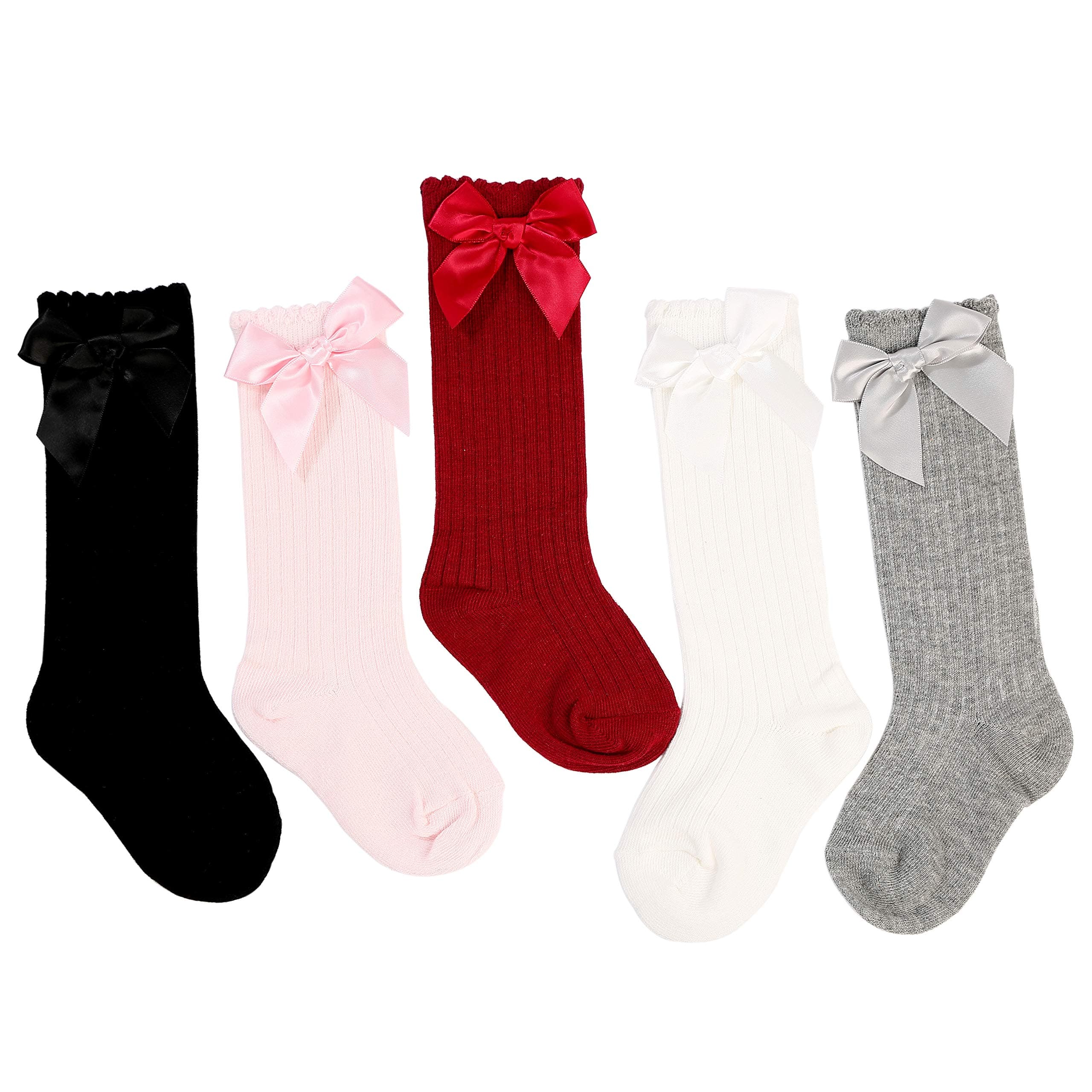 5Pairs Baby Kids Cotton Soft Knee-High Over Calf Socks Girls Striped Bowknot Bow Socks Newborn Leg Warmers Stockings