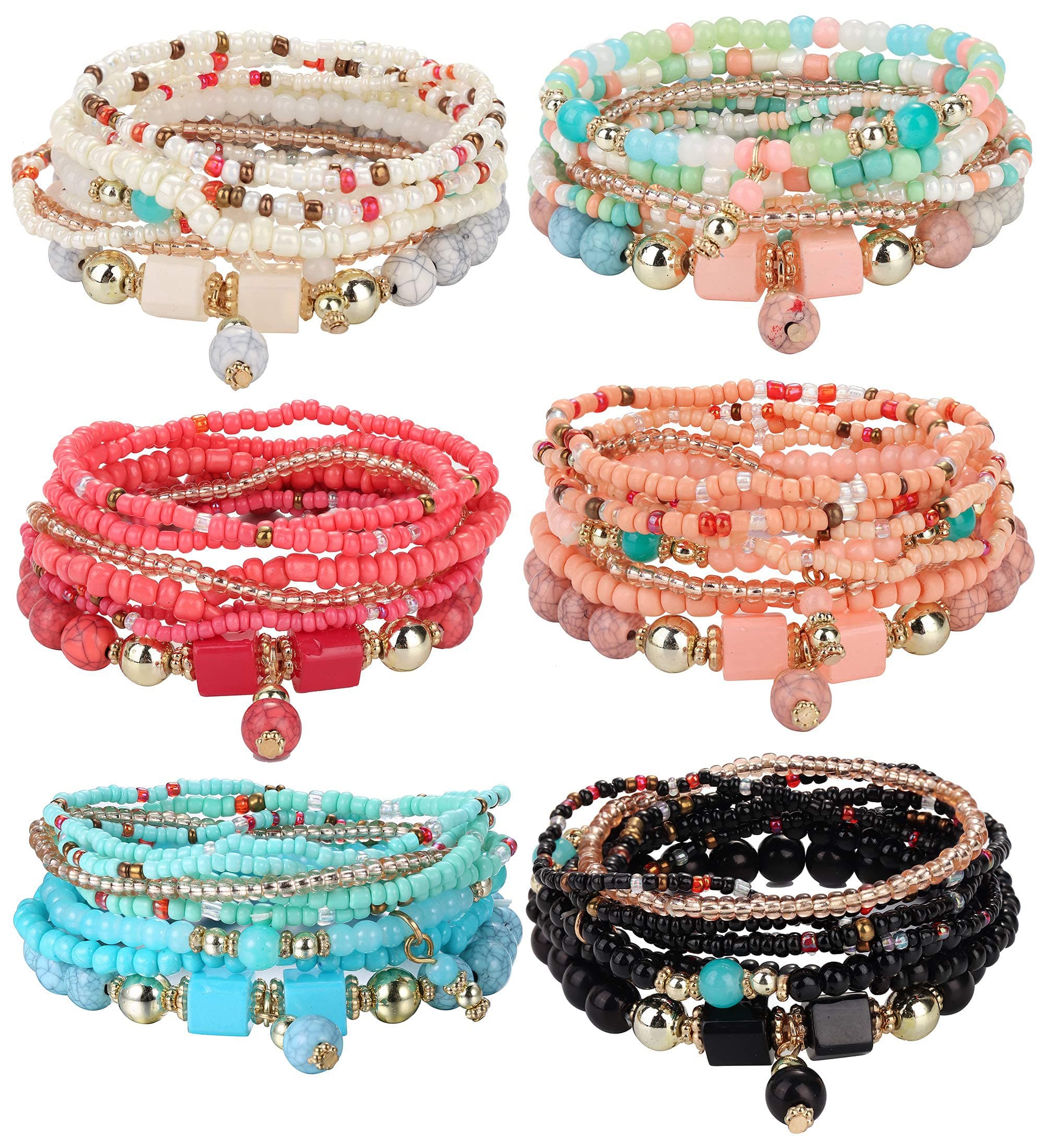 UdalynUdalyn 6 Sets Bohemian Stackable Bead Bracelets for Women Men Multilayered Bracelet Set Pendant Charm Stretch Bangles