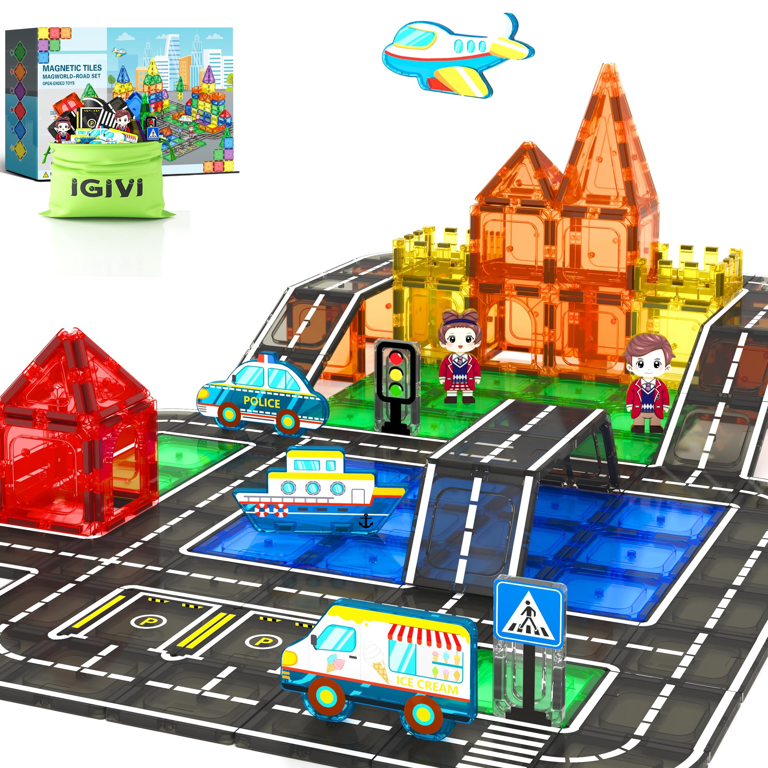 Magnetic Tiles City Road Set with Magnet Car, Magnetic Blocks Building Toys for Kids, STEM Construction Toys for Toddlers, Gifts for 3+ Year Old Boys & Girls