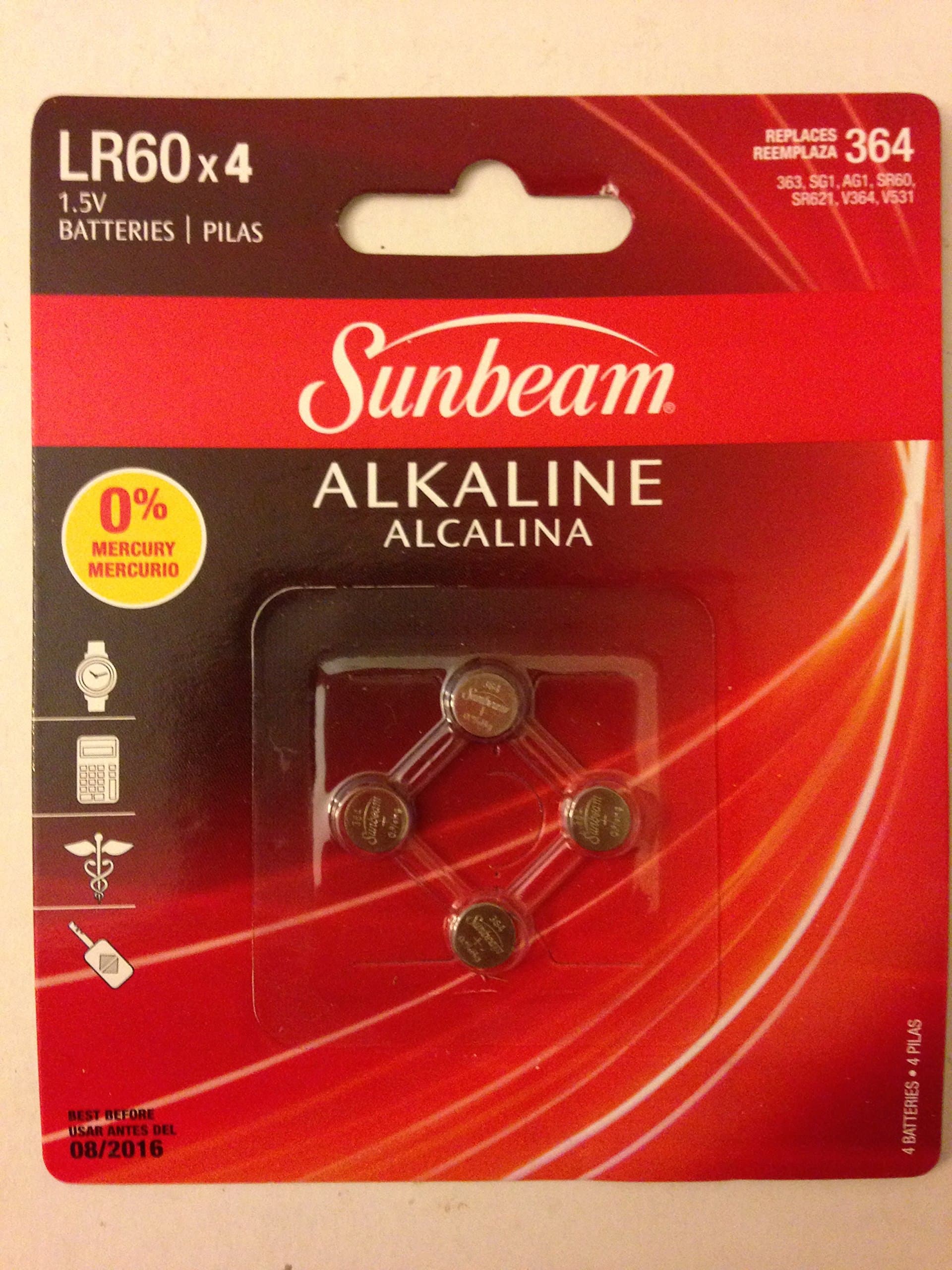 Sunbeam LR60 Alkaline Battery replace 364 363 SG1 AG1 SR60 SR621 V364 V531, Pack of 4 batteries