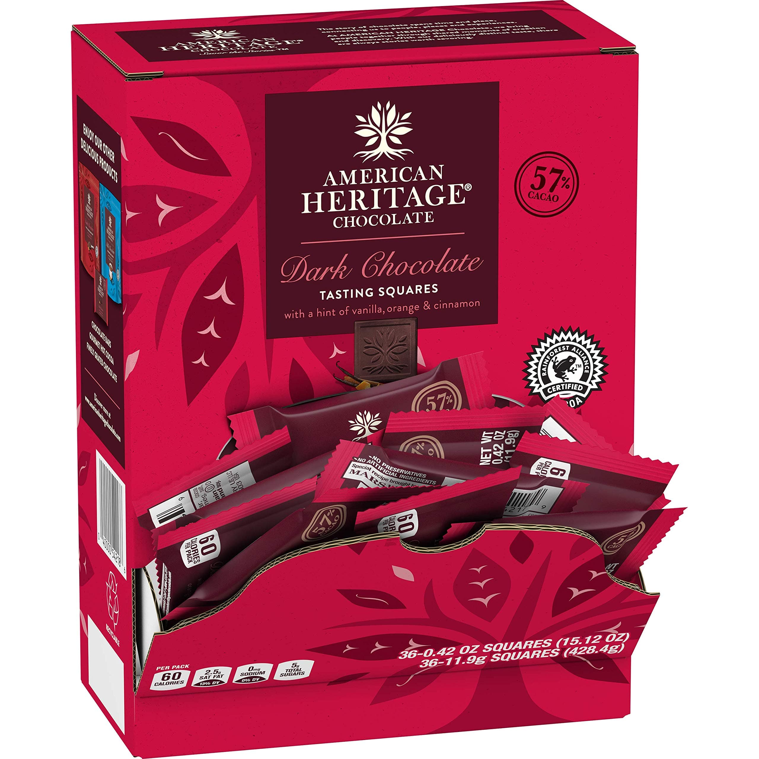 American Heritage Chocolate - 36 Artisanal Tasting Squares - 57% Cacao Dark Chocolate with a Hint of Vanilla, Orange, and Cinnamon