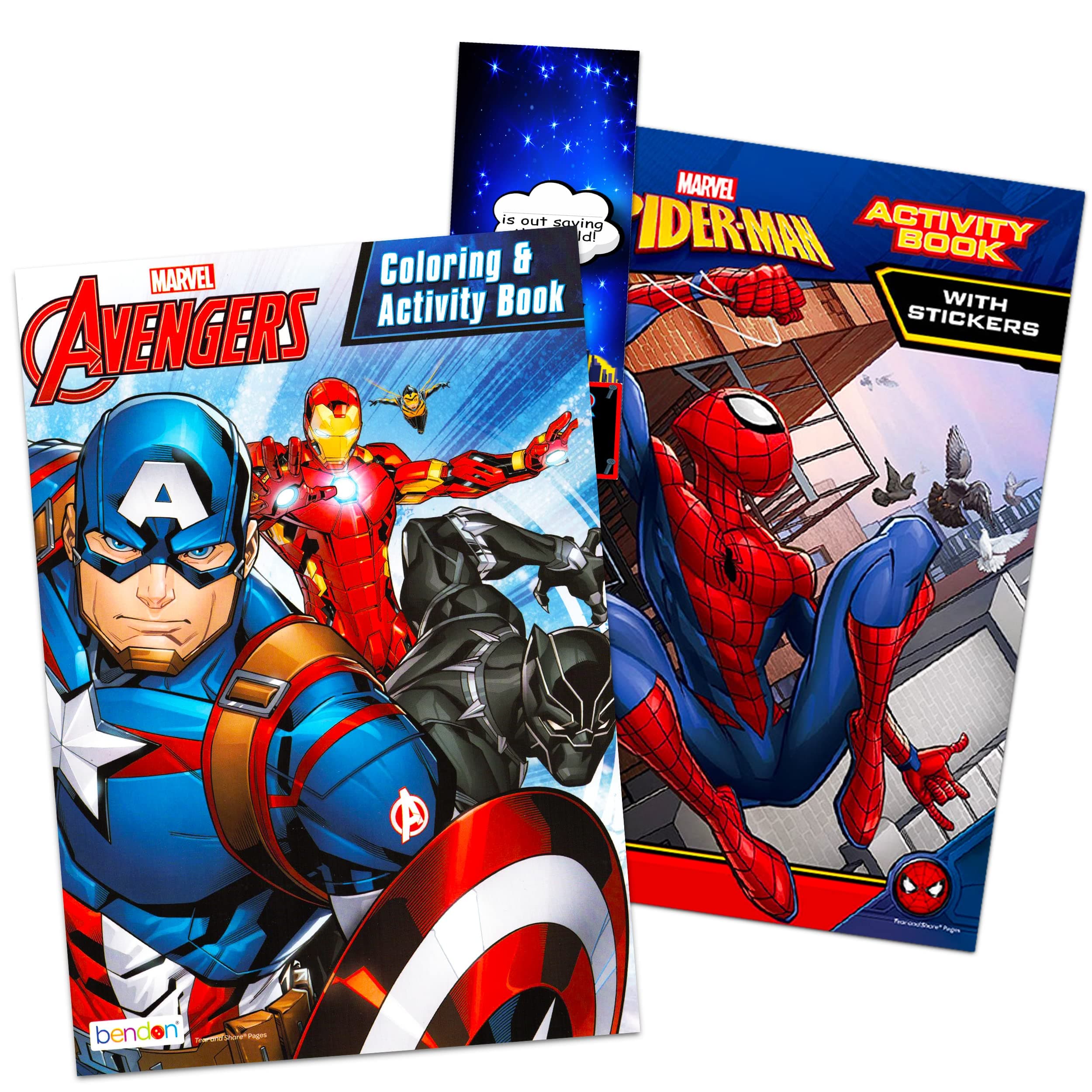 Marvel Super Hero Coloring Book Super Set ~ 2 Superhero Coloring Books with Stickers and Bonus Door Hanger (2 Superhero Activity Books Bundle Featuring Avengers and Spiderman)
