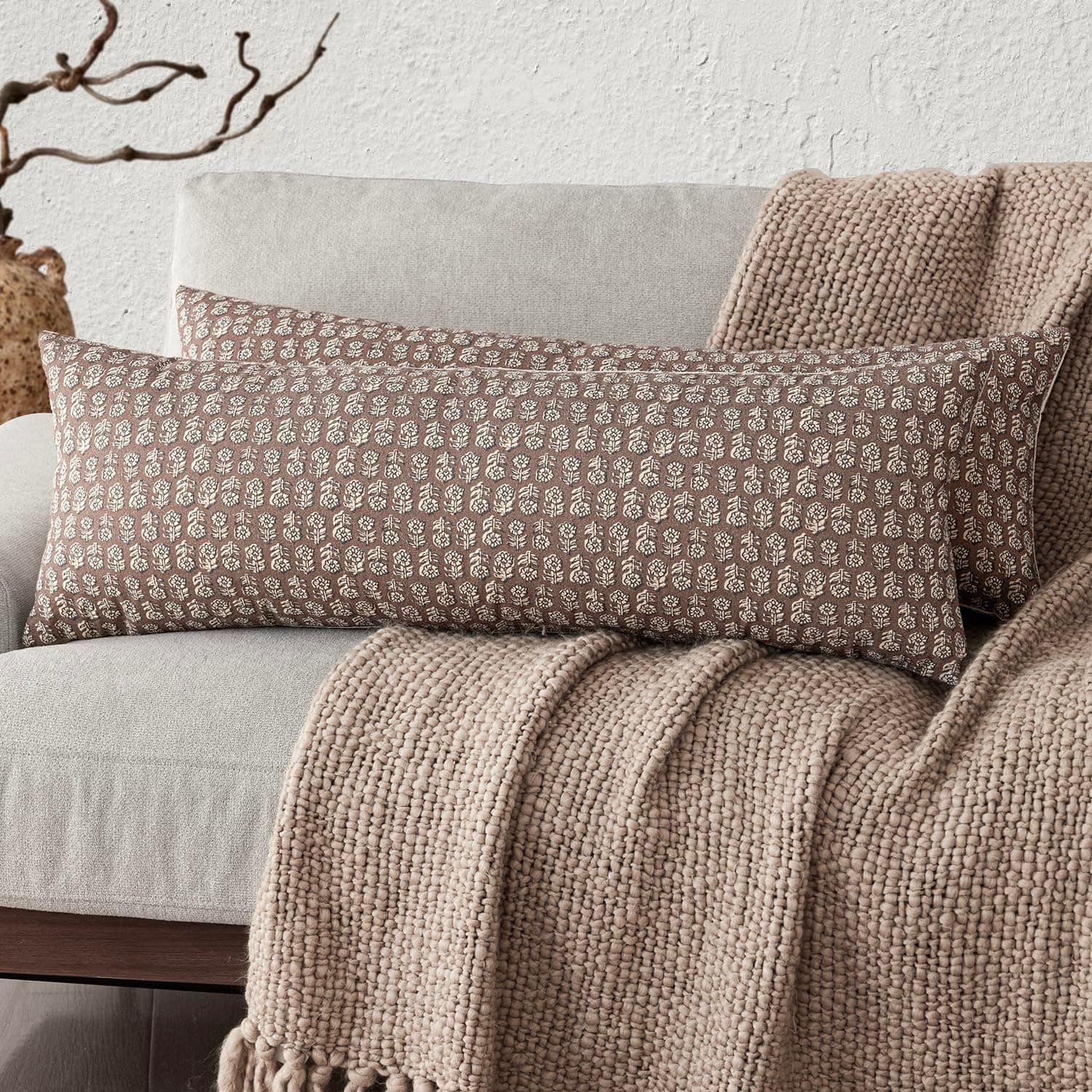 Foindtower Set of 2 Decorative Floral Long Body Lumbar Throw Pillow Covers Vintage Accent Farmhouse Cushion Covers Neutral Home Decor for Sofa Couch Chair Bedroom Living Room,14×36 Inch,Brown