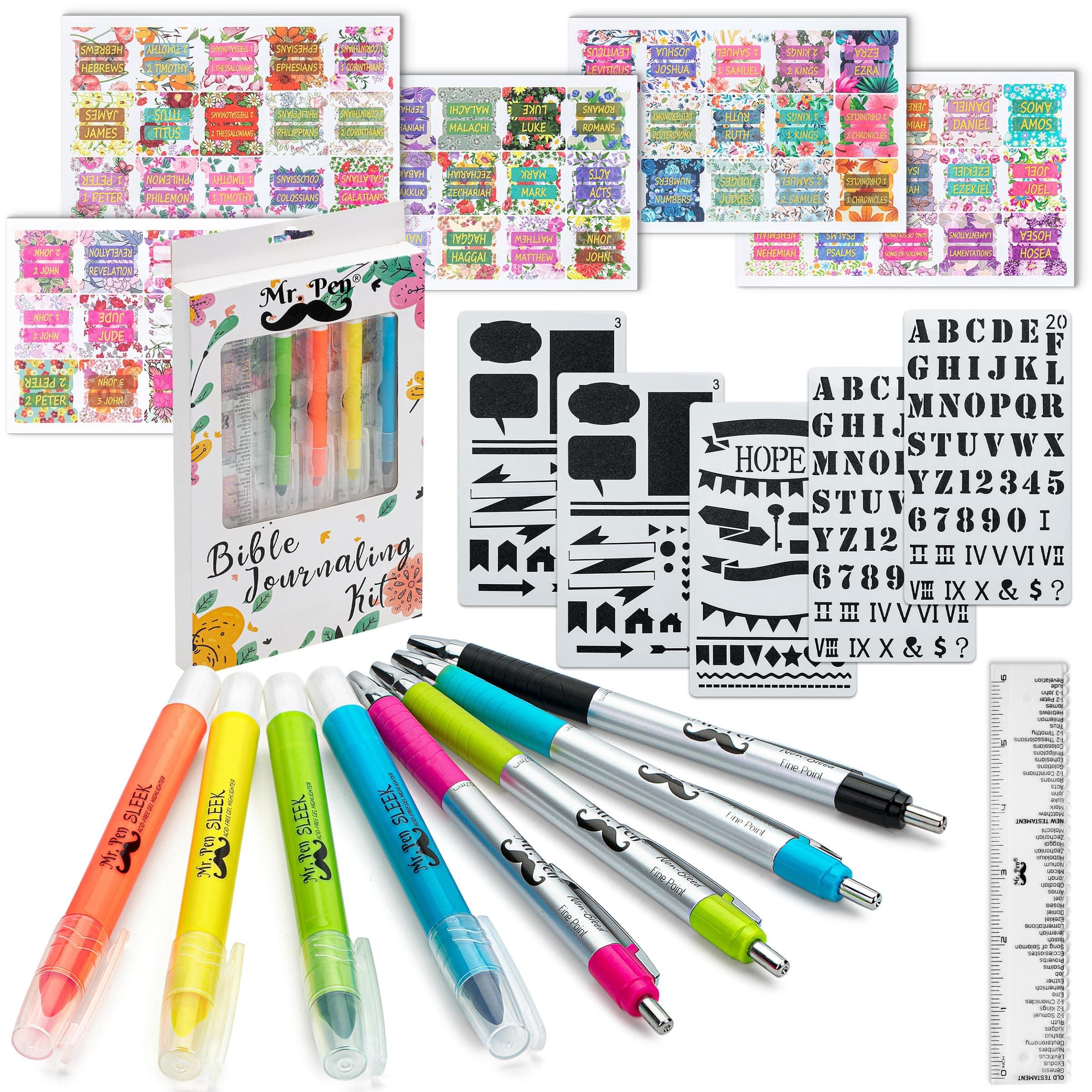 Bible Journaling Kit with Bible Highlighters/Markers and Pens No Bleed, Bible Tabs, Stencils, Ruler, Christian Gifts