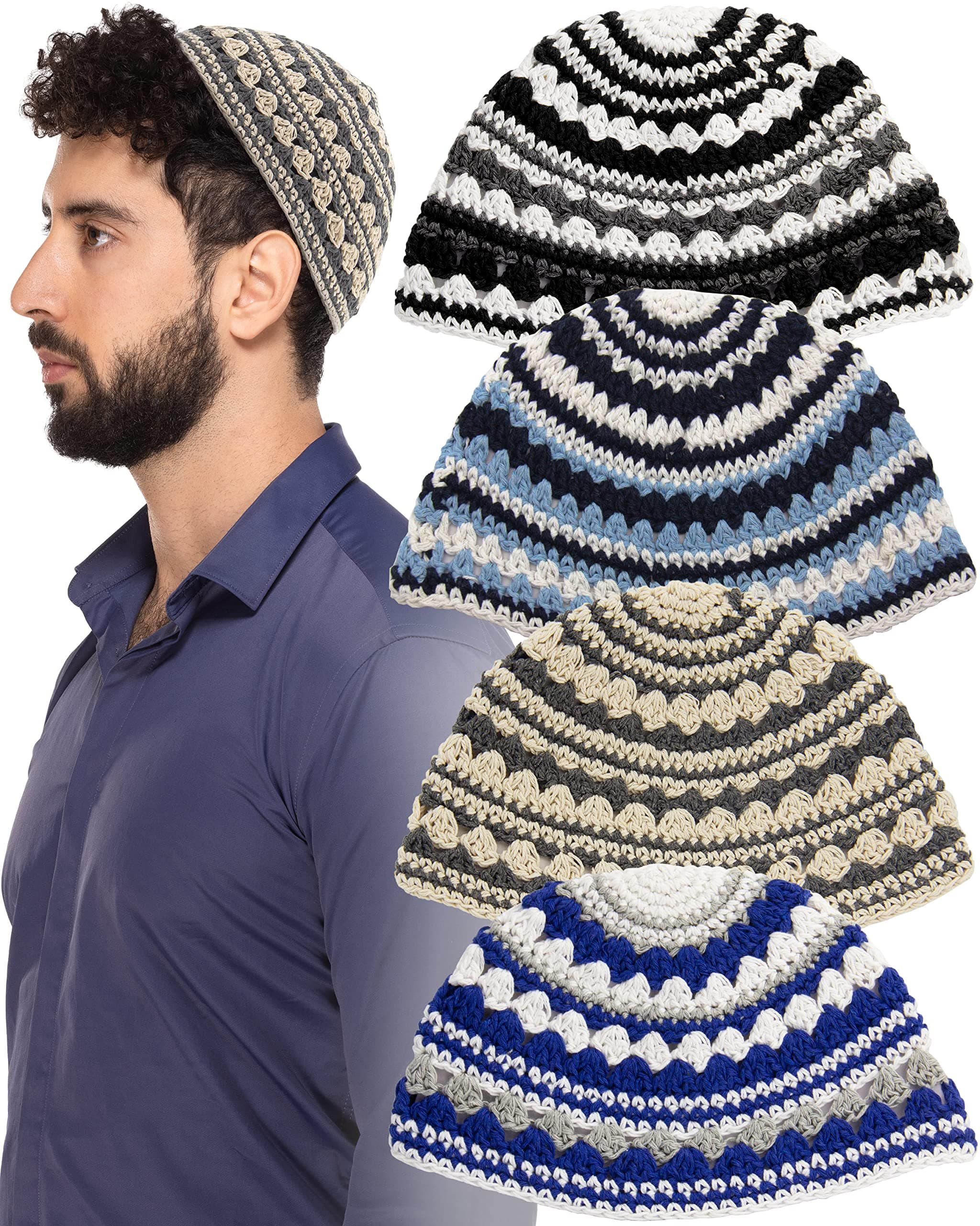 HolYudaicaHolYudaica Pack of 4-Pcs - Hq 23cm/Large Size Mix Colors Handmade Frik Kippah for Men Boys and Kids (Model #5)