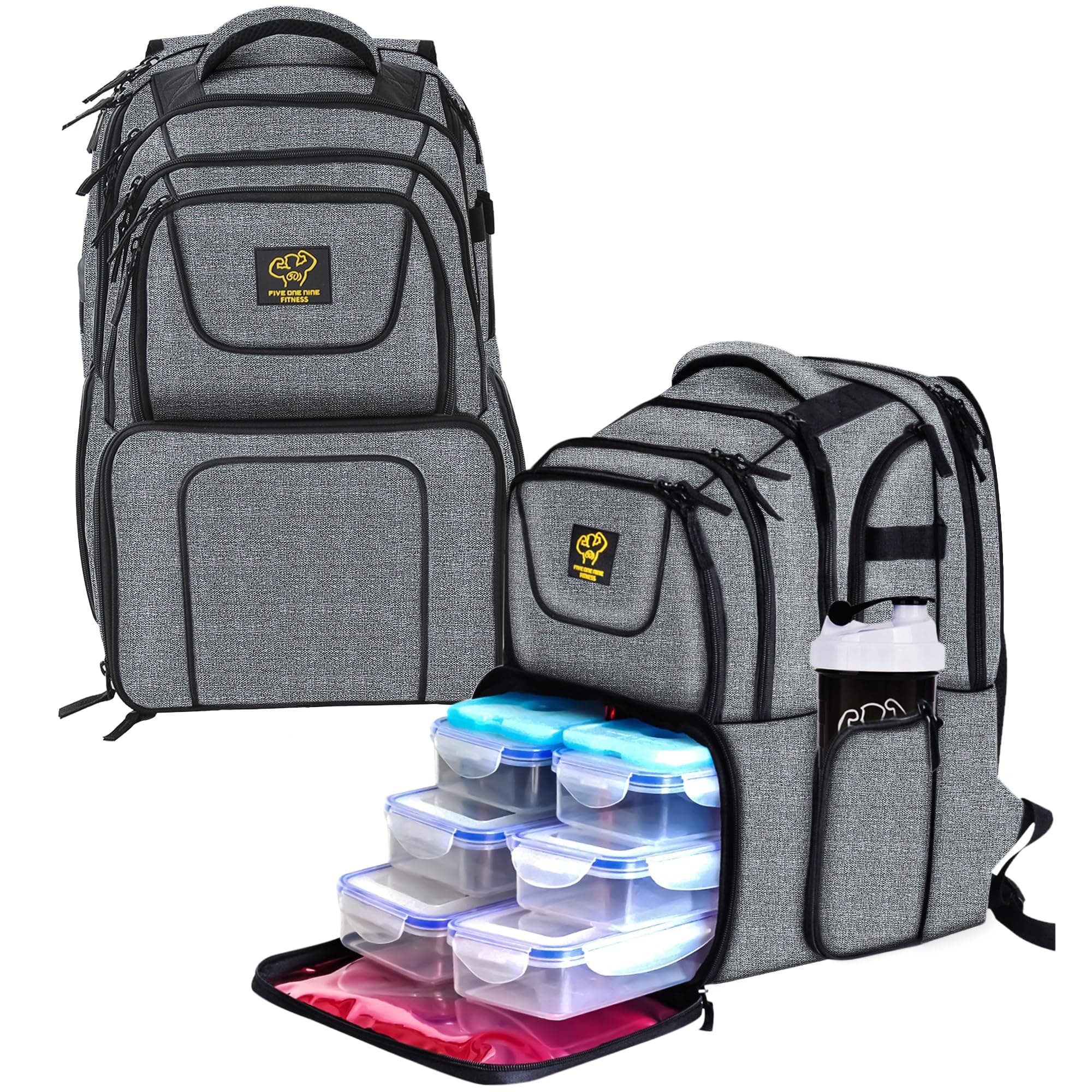 519 Fitness Meal Prep Backpack,Hiking Outdoor Insulated Unisex Lunch Cooler with Computer Compartment,Include 6 Meal Containers,2 Ice Packs and Shaker