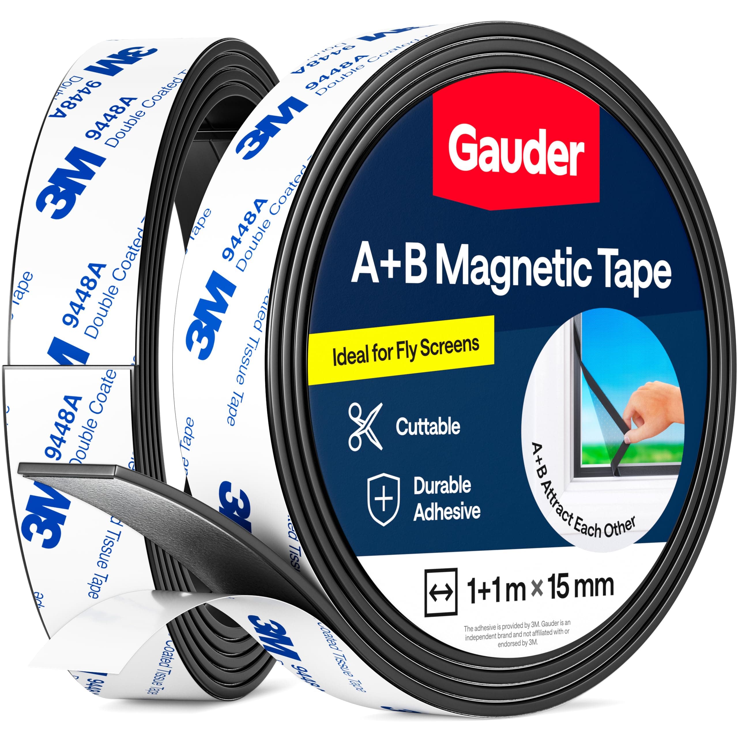 GAUDER A+B Magnetic Tape for Fly Screens & Mosquito Nets - Self-Adhesive Magnetic Strips with Strong Mutual Attraction - Magnet Tape with Counterpart & Strong Adhesive (1+1 m)