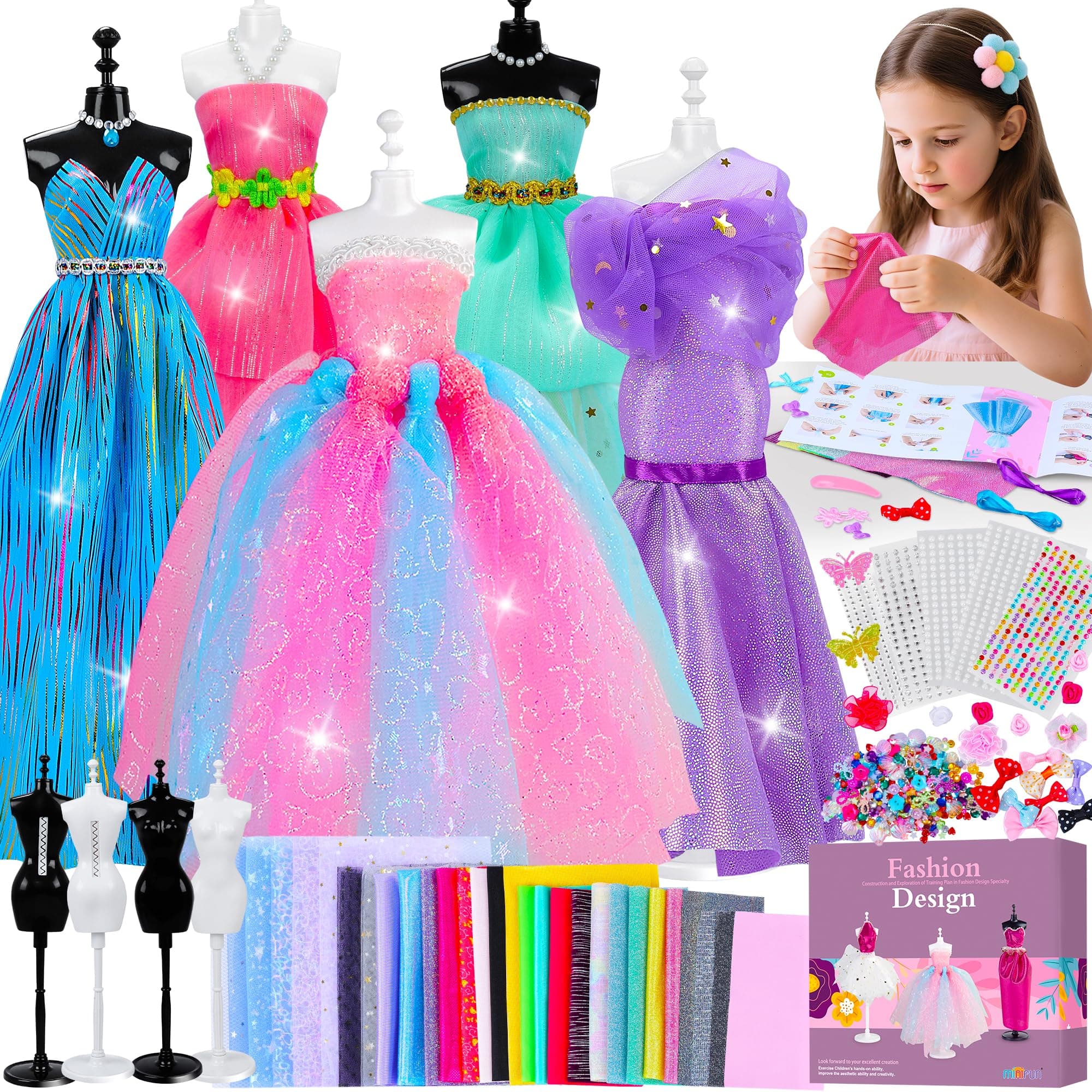 800+Pcs Fashion Designer Kit for Girls, Sewing Kit with 4 Mannequins, DIY Arts and Crafts Kit for Kids, Doll Clothes Making Kit, Girl Toys for Age 6 7 8 9 10 11 12 Year Old Gifts