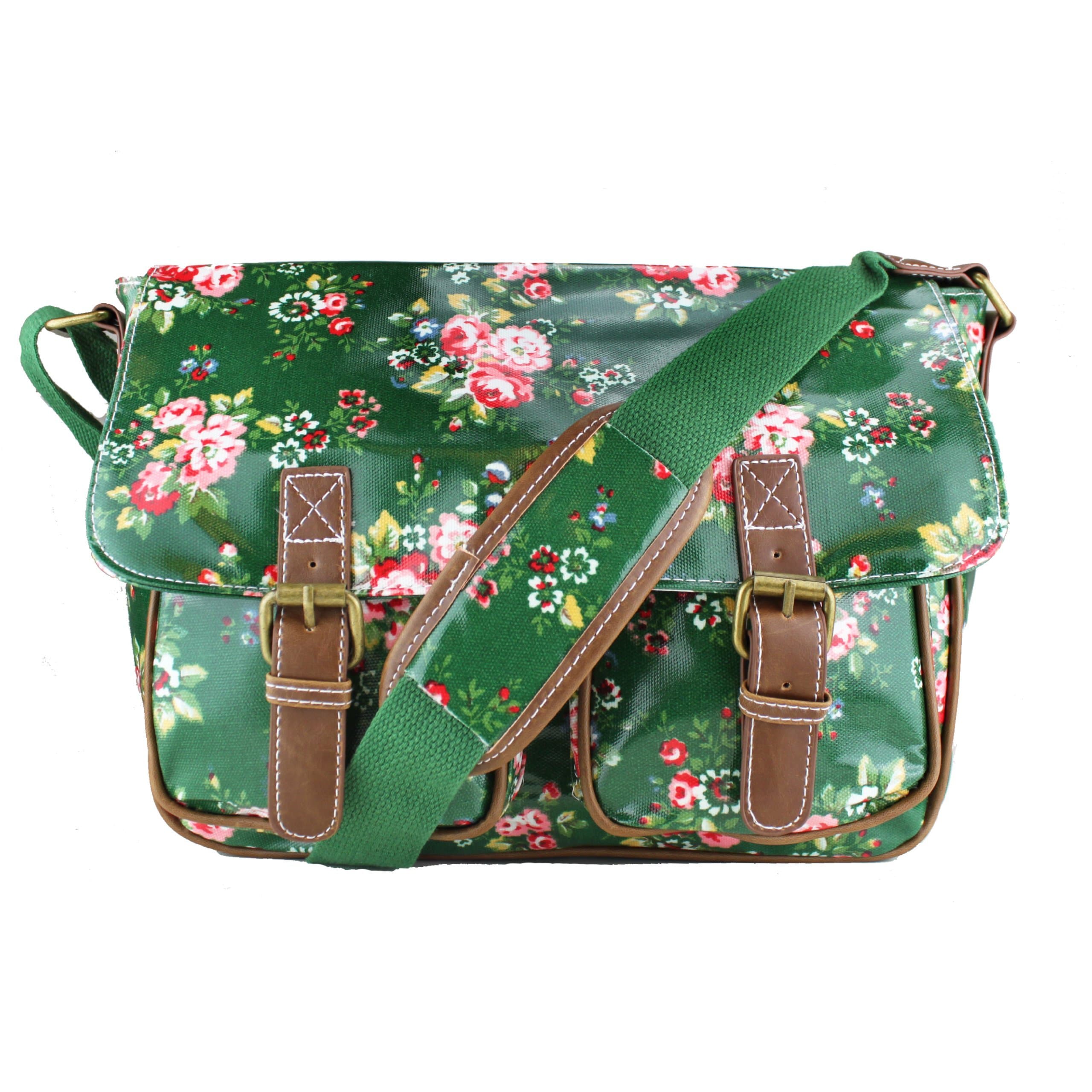 Floral Polka Dots Ladies Oilcloth Satchel Messenger Shoulder Hand School Bag (Dark Green)