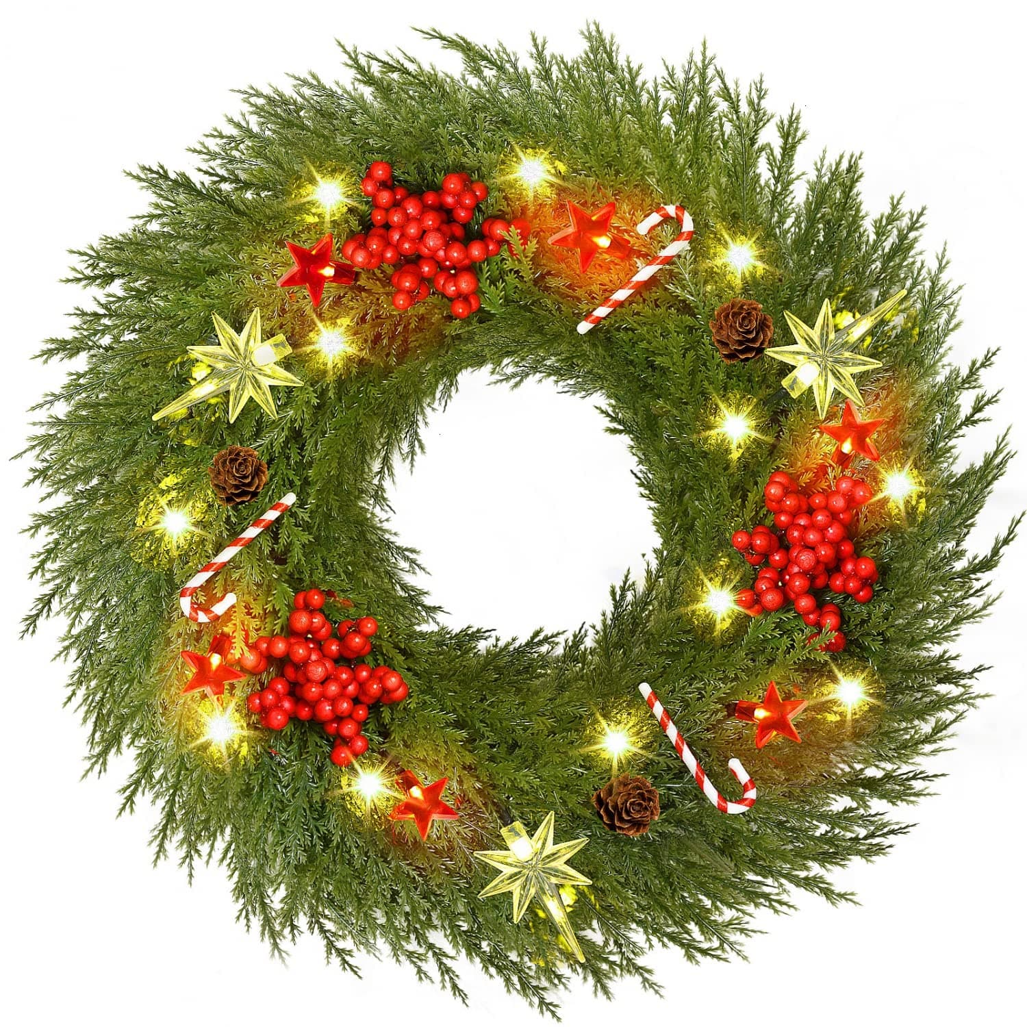 YoleShy Pre-lit Christmas Wreath for Front Door with Hanger 18" Battery Operated Christmas Wreath with Lights Red Berry Pine Cone Candy Cane, Christmas Decorations for Window, Wall Decor, Fireplace